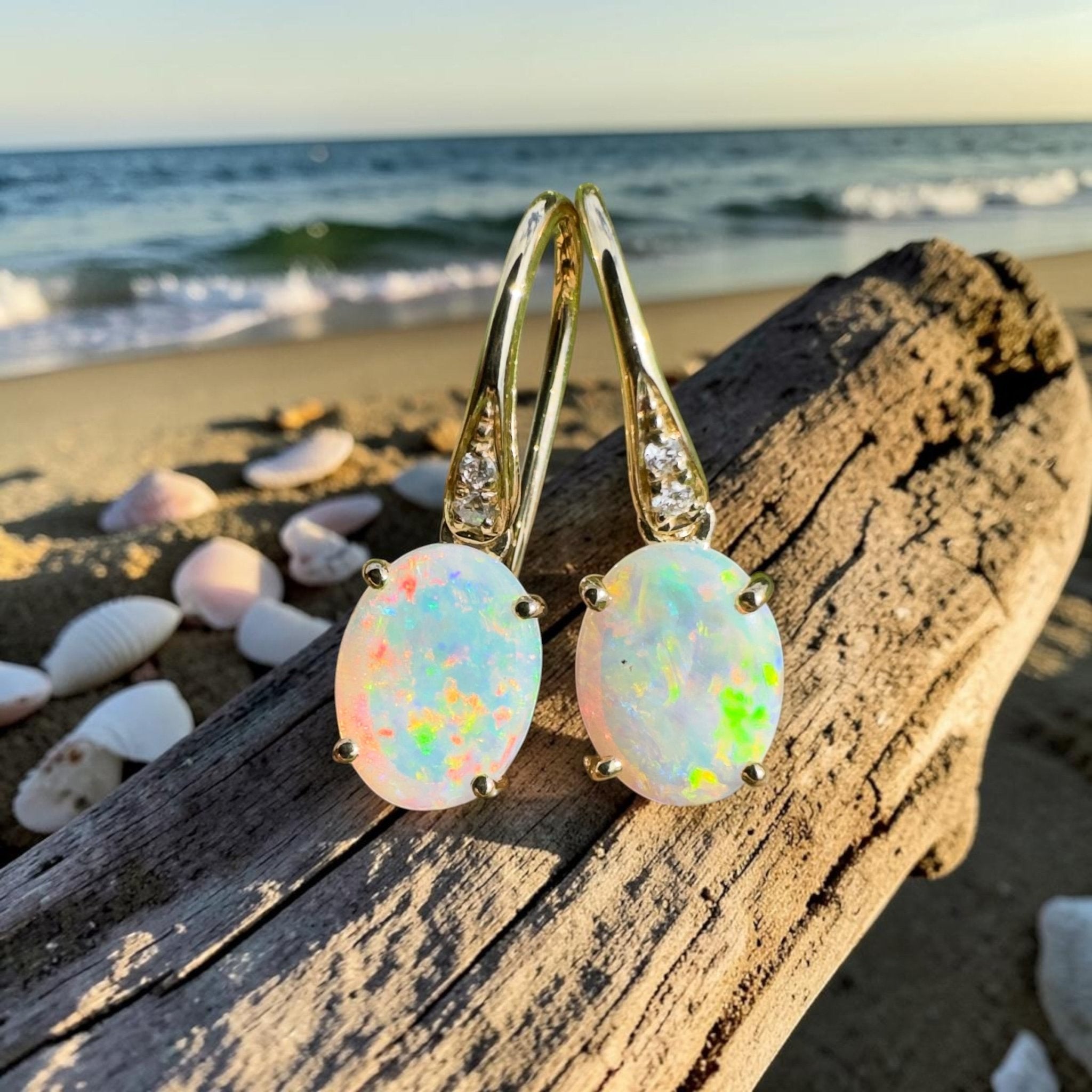 Outback Aurora ~ 14ct Solid Gold 1ct Coober Pedy Opal and Diamond Earrings