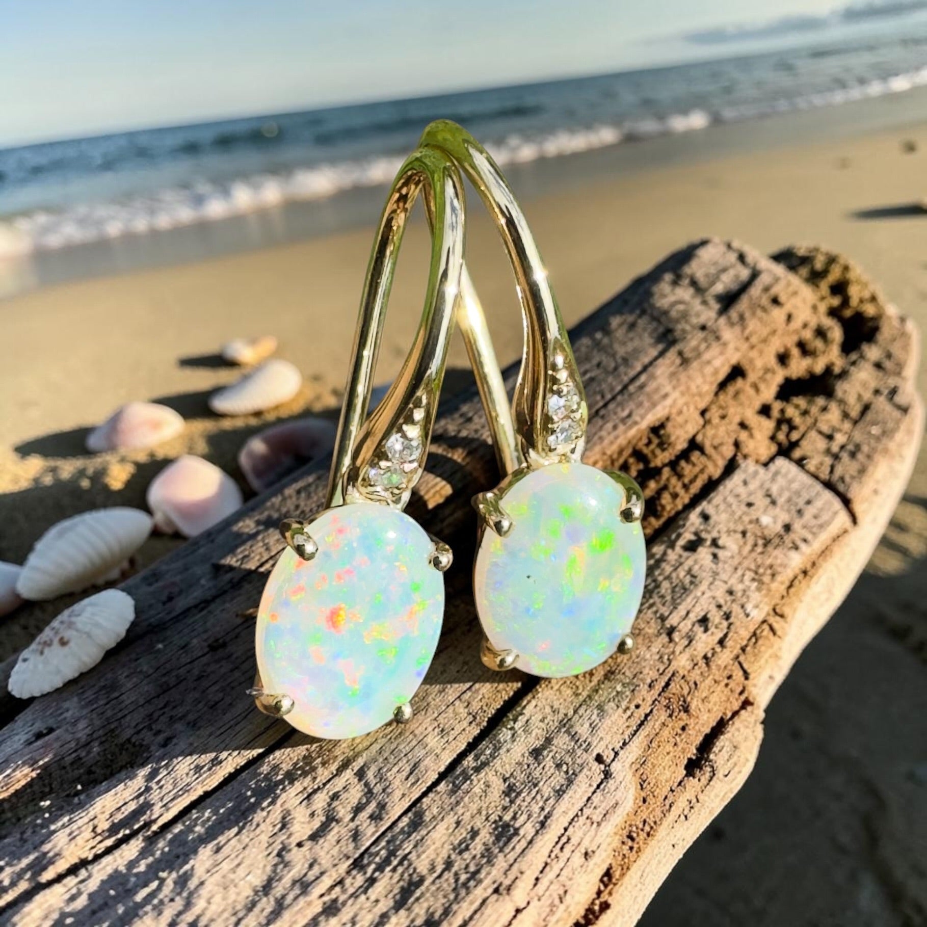 Outback Aurora ~ 14ct Solid Gold 1ct Coober Pedy Opal and Diamond Earrings