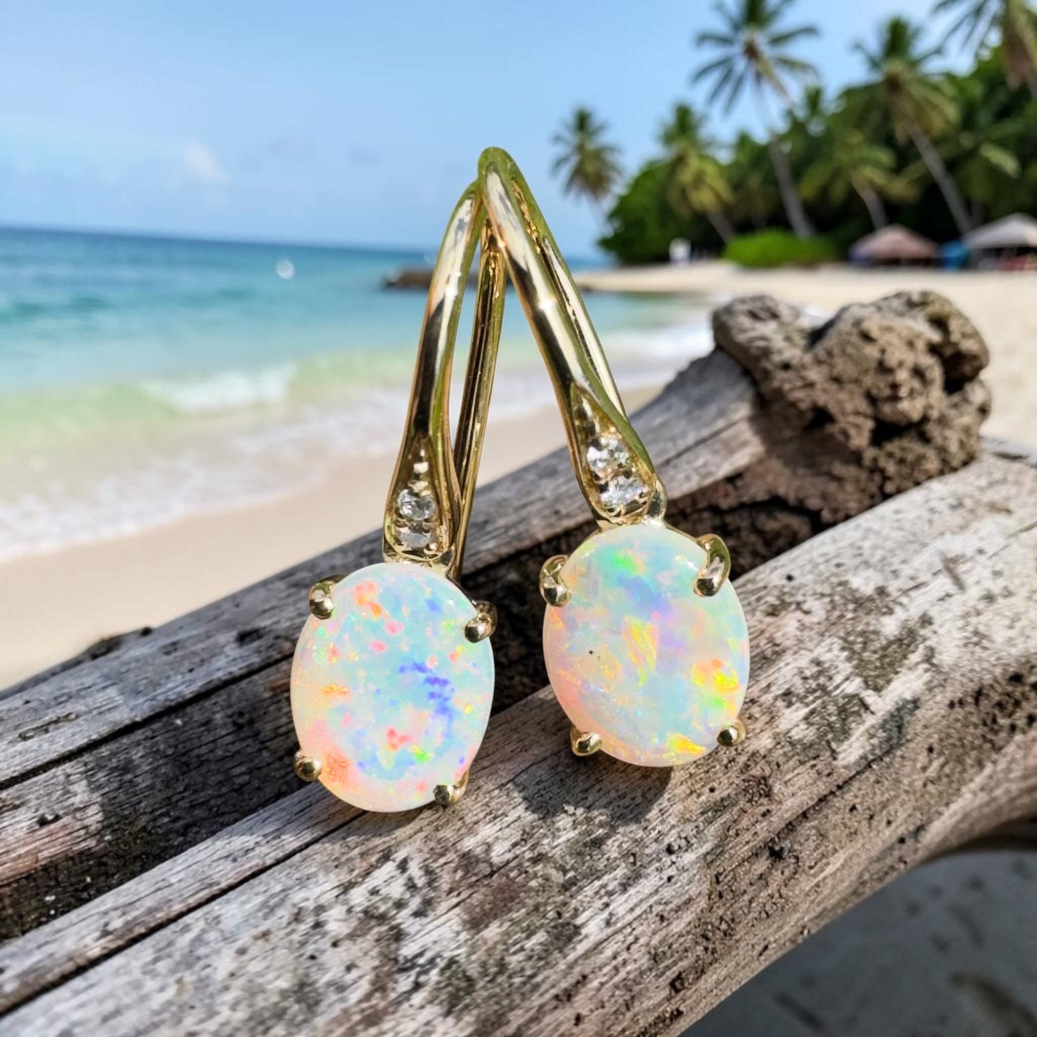 Outback Aurora ~ 14ct Solid Gold 1ct Coober Pedy Opal and Diamond Earrings