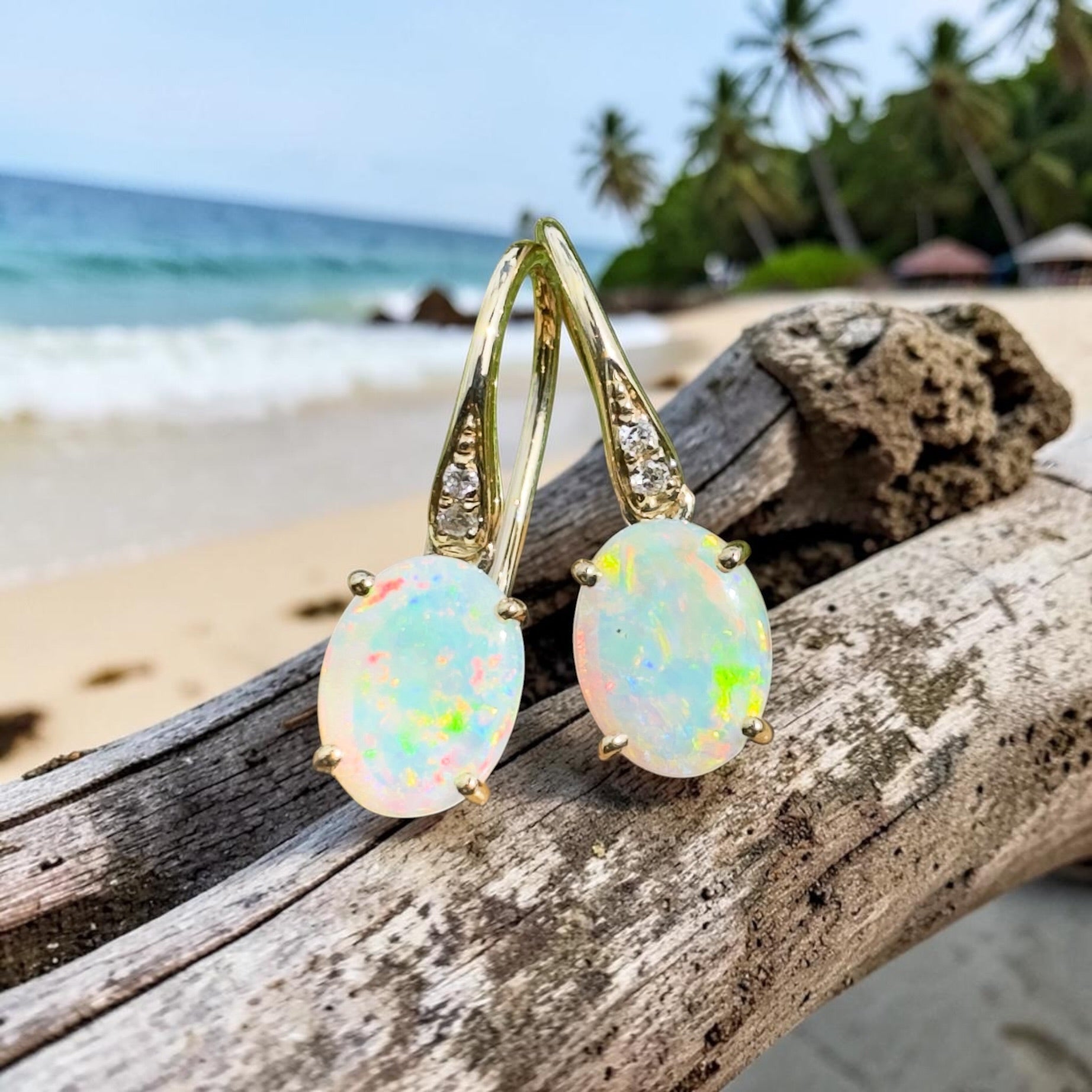 Outback Aurora ~ 14ct Solid Gold 1ct Coober Pedy Opal and Diamond Earrings