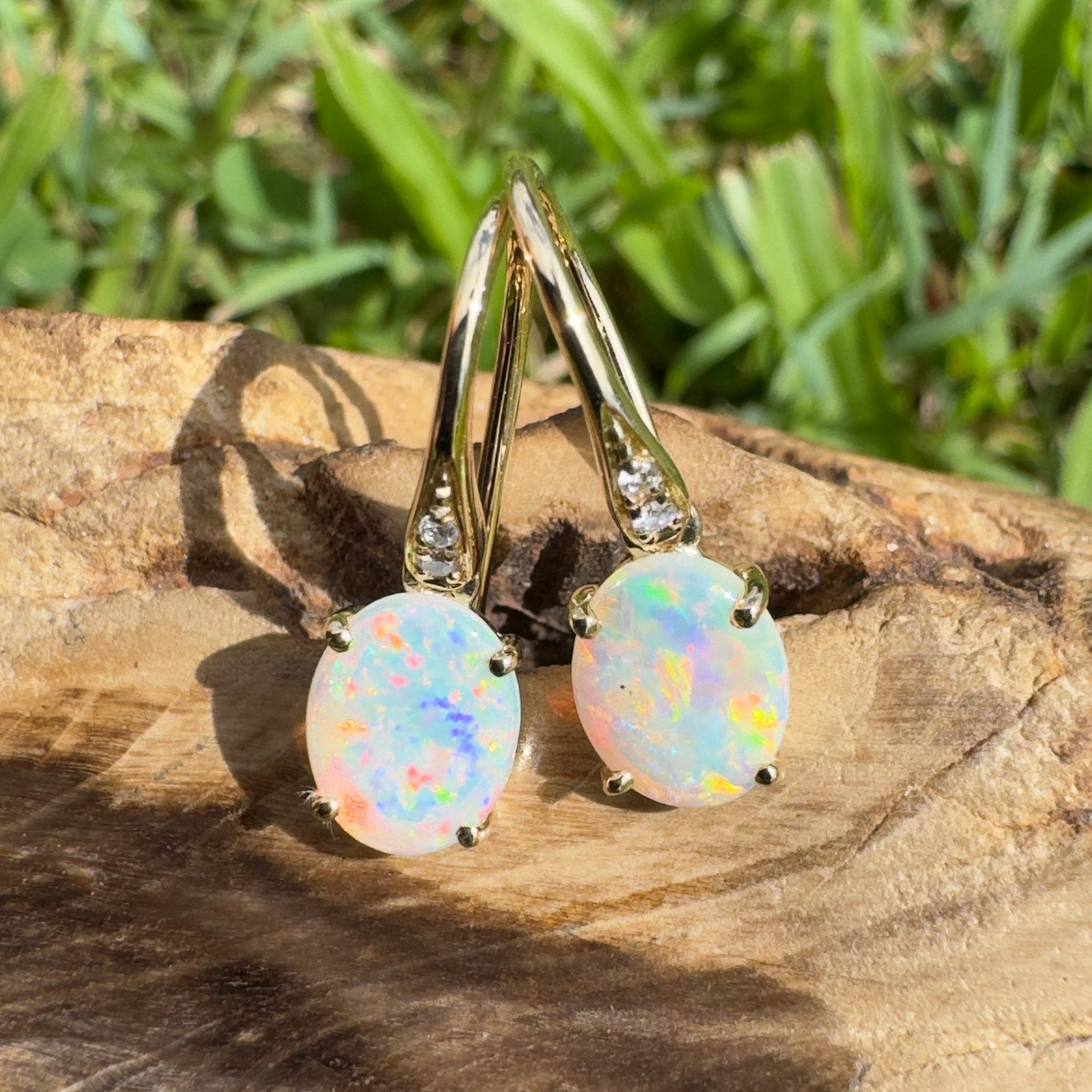Outback Aurora ~ 14ct Solid Gold 1ct Coober Pedy Opal and Diamond Earrings
