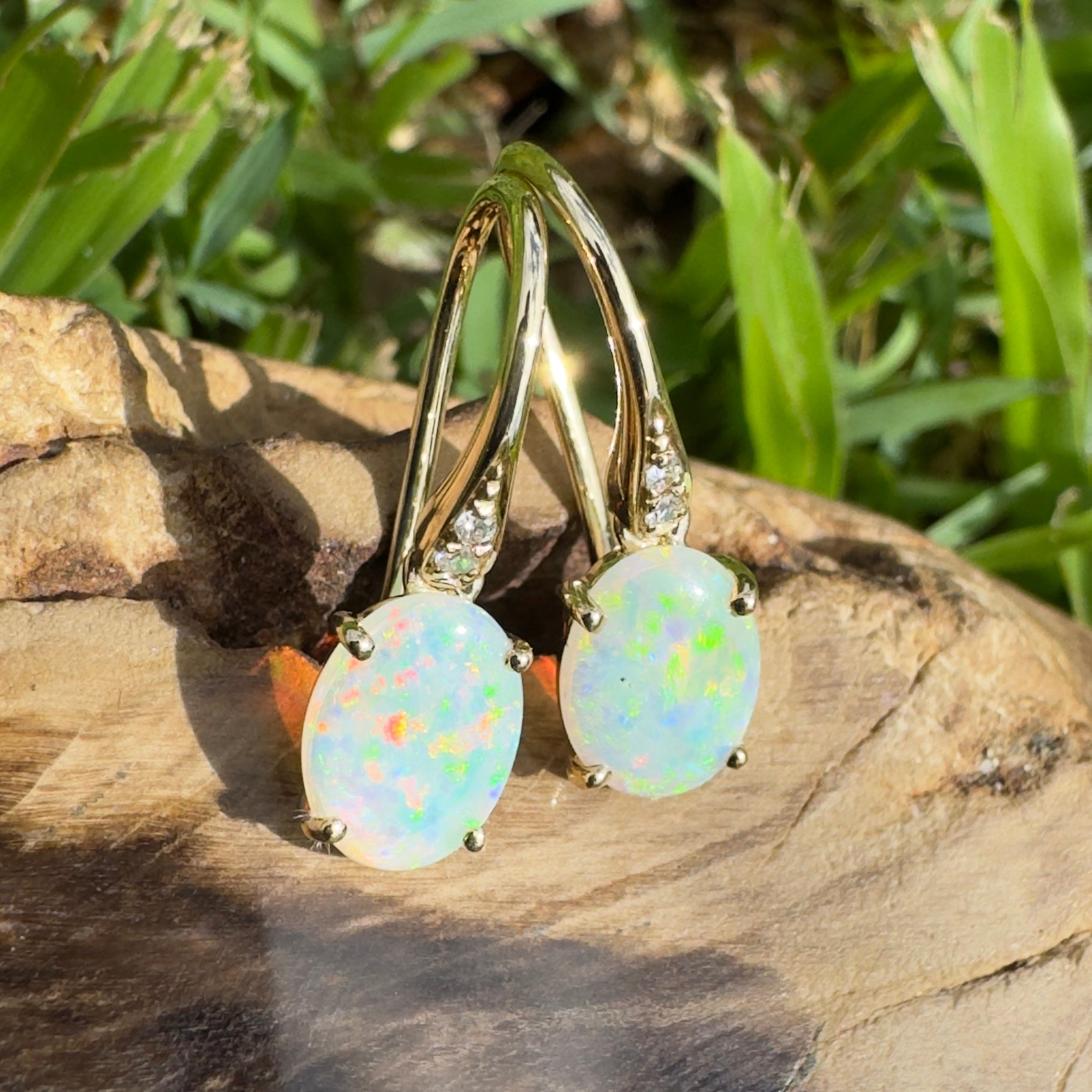 Outback Aurora ~ 14ct Solid Gold 1ct Coober Pedy Opal and Diamond Earrings