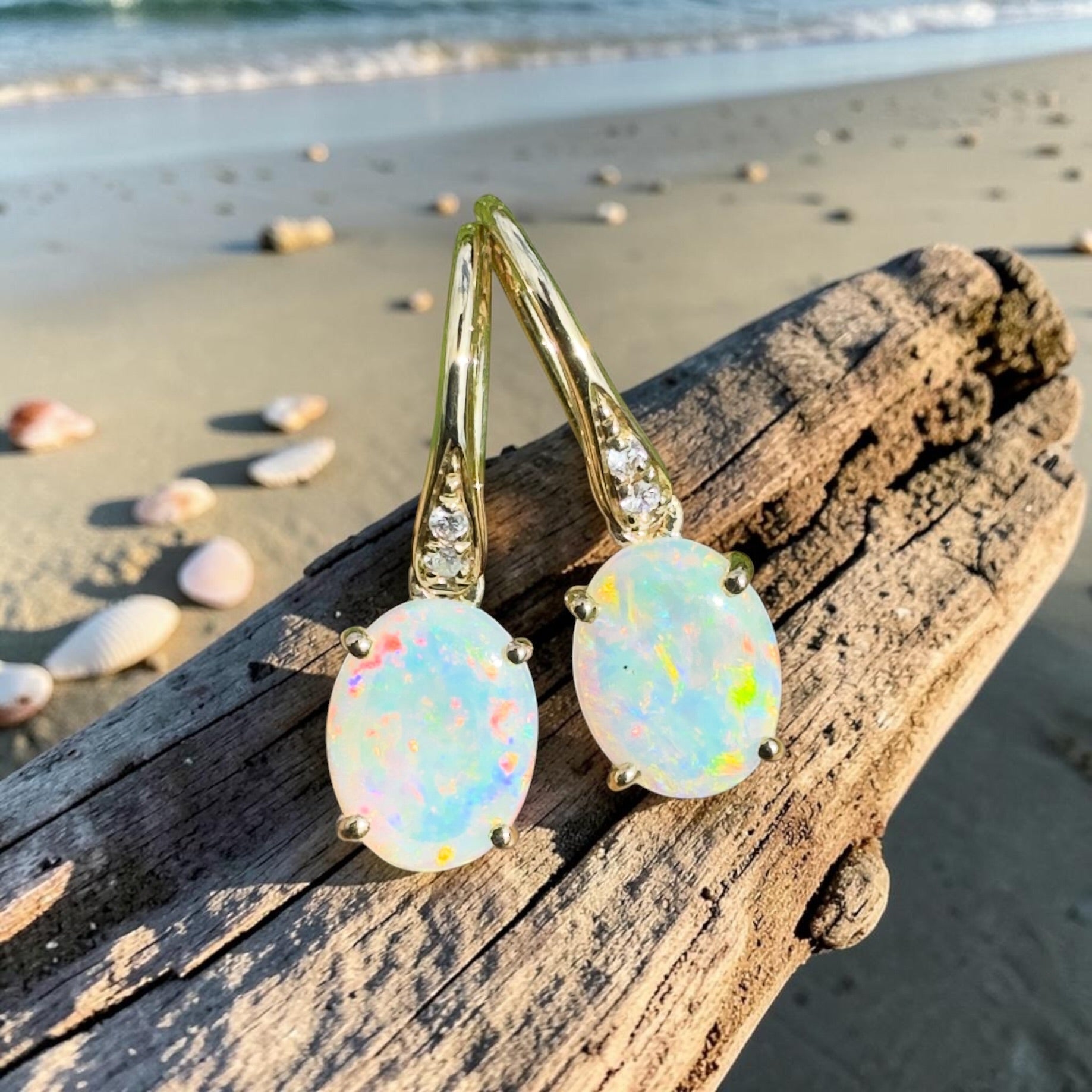 Outback Aurora ~ 14ct Solid Gold 1ct Coober Pedy Opal and Diamond Earrings
