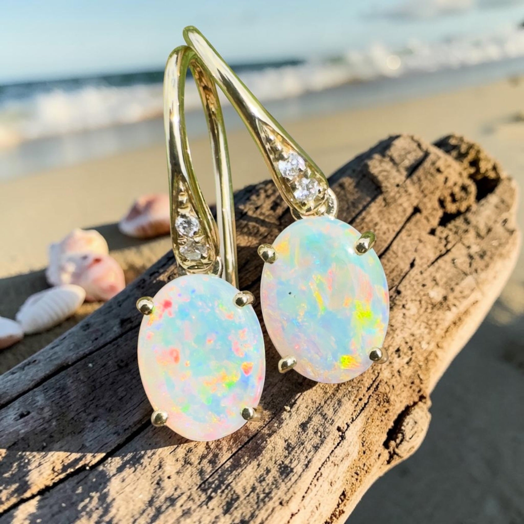 Outback Aurora ~ 14ct Solid Gold 1ct Coober Pedy Opal and Diamond Earrings