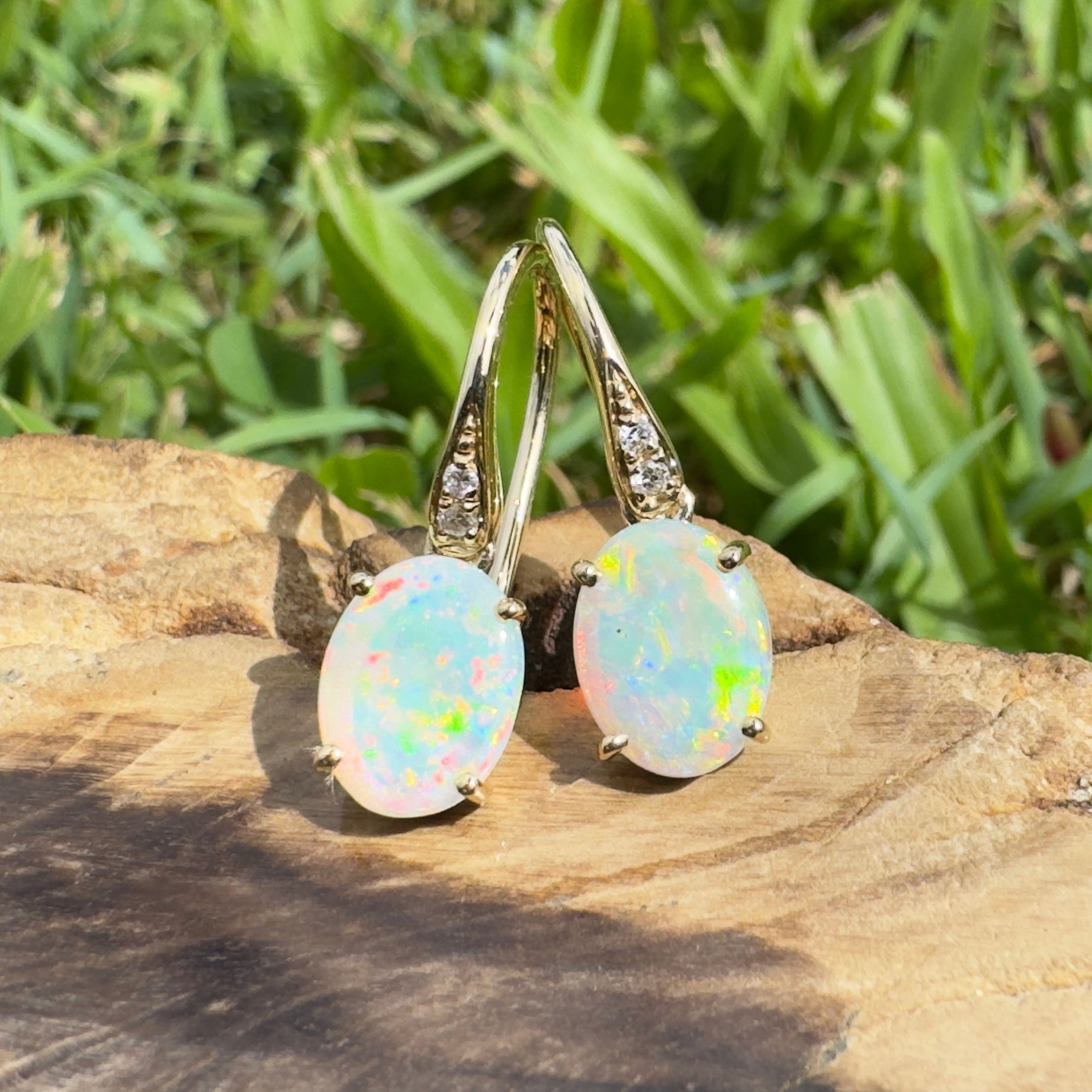 Outback Aurora ~ 14ct Solid Gold 1ct Coober Pedy Opal and Diamond Earrings