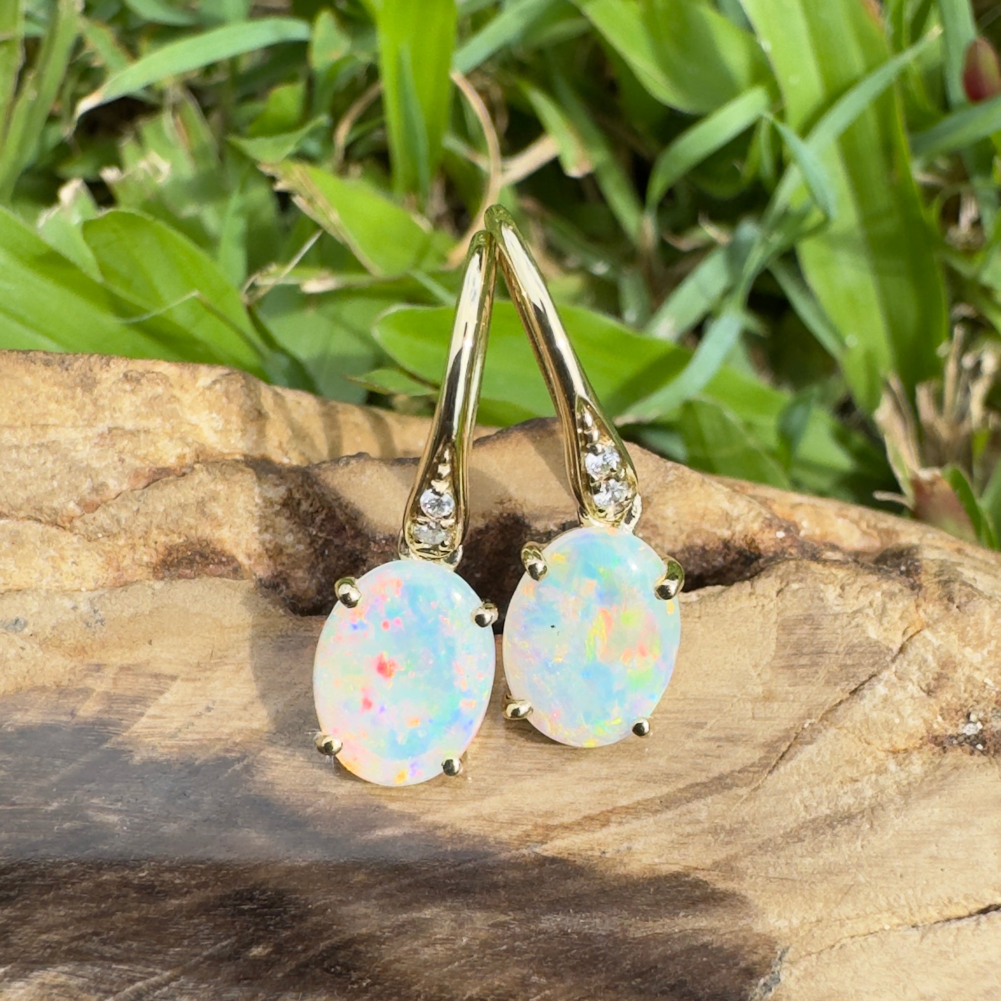 Outback Aurora ~ 14ct Solid Gold 1ct Coober Pedy Opal and Diamond Earrings
