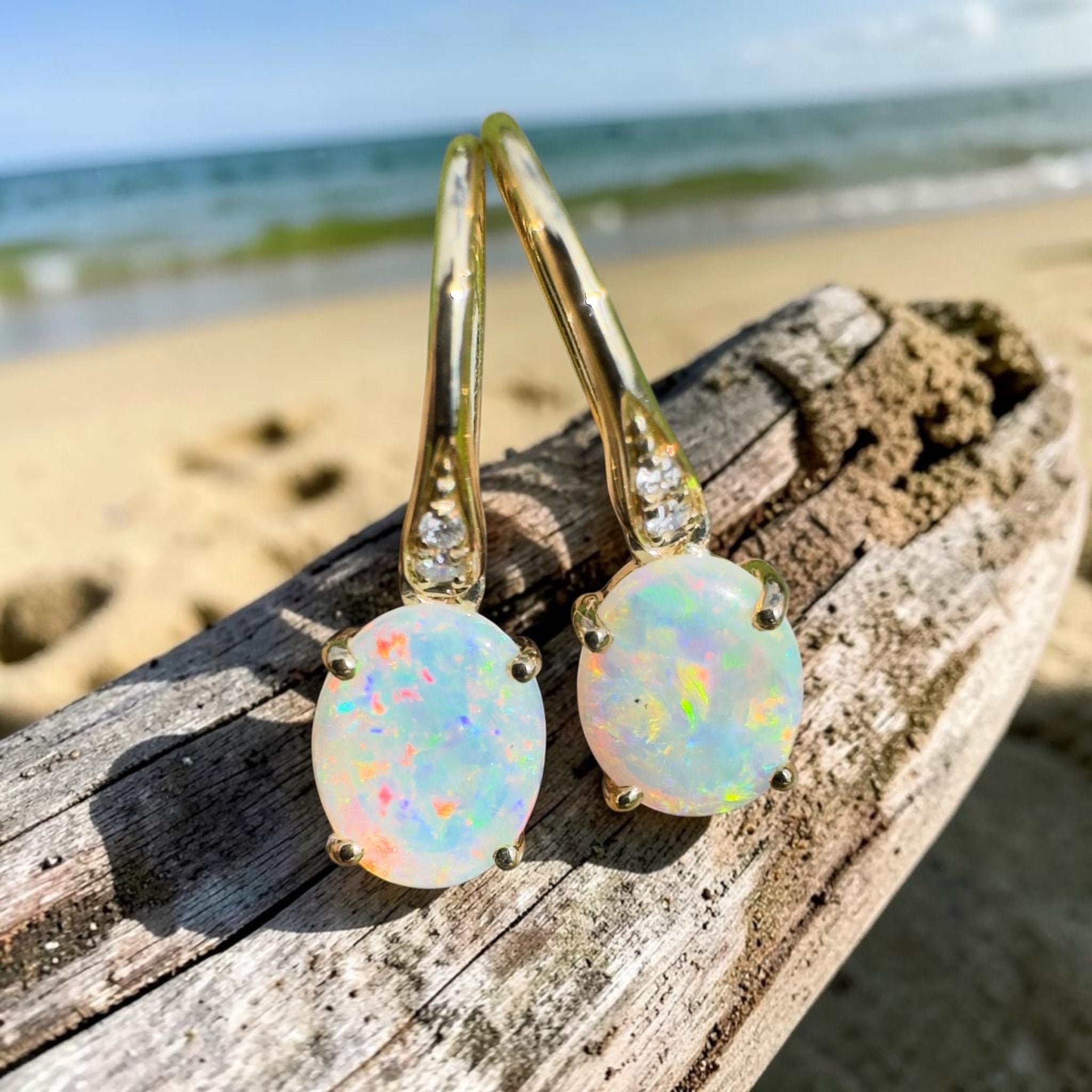 Outback Aurora ~ 14ct Solid Gold 1ct Coober Pedy Opal and Diamond Earrings