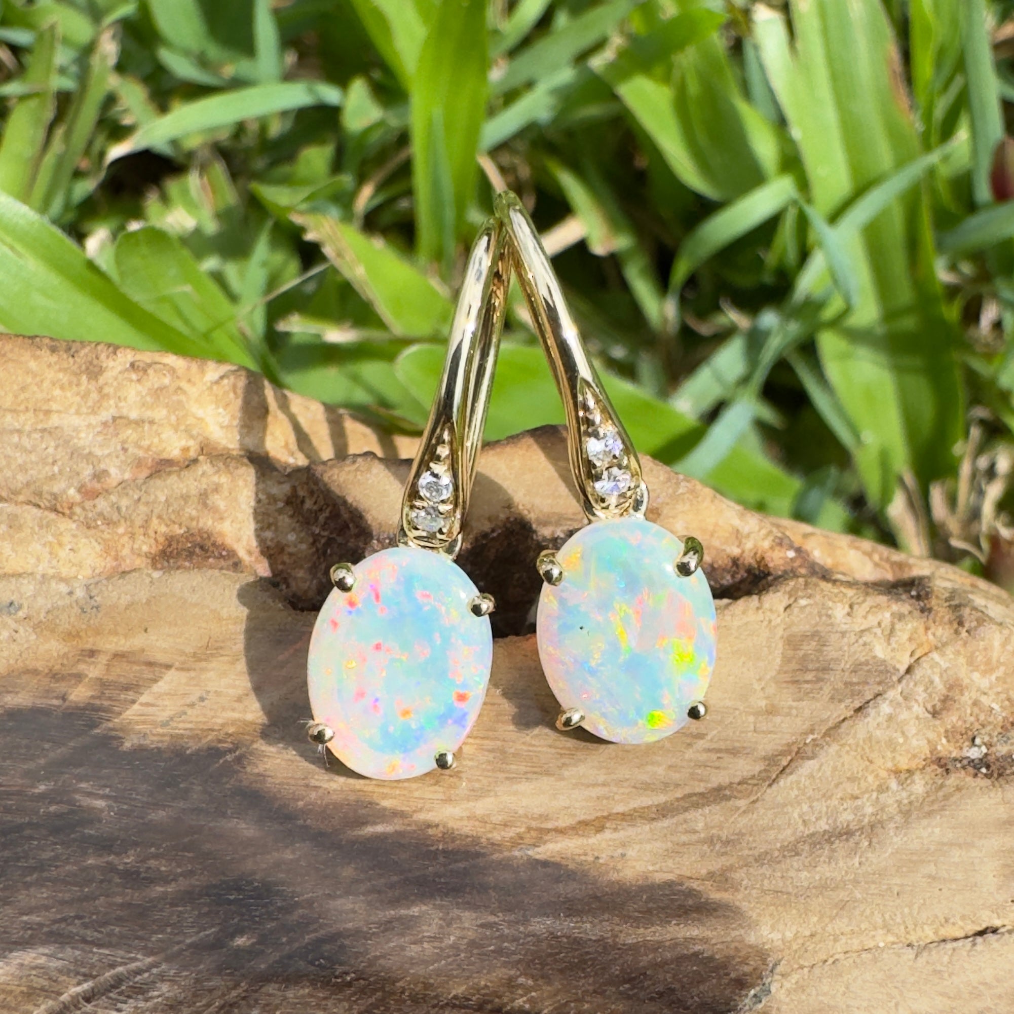 Outback Aurora ~ 14ct Solid Gold 1ct Coober Pedy Opal and Diamond Earrings