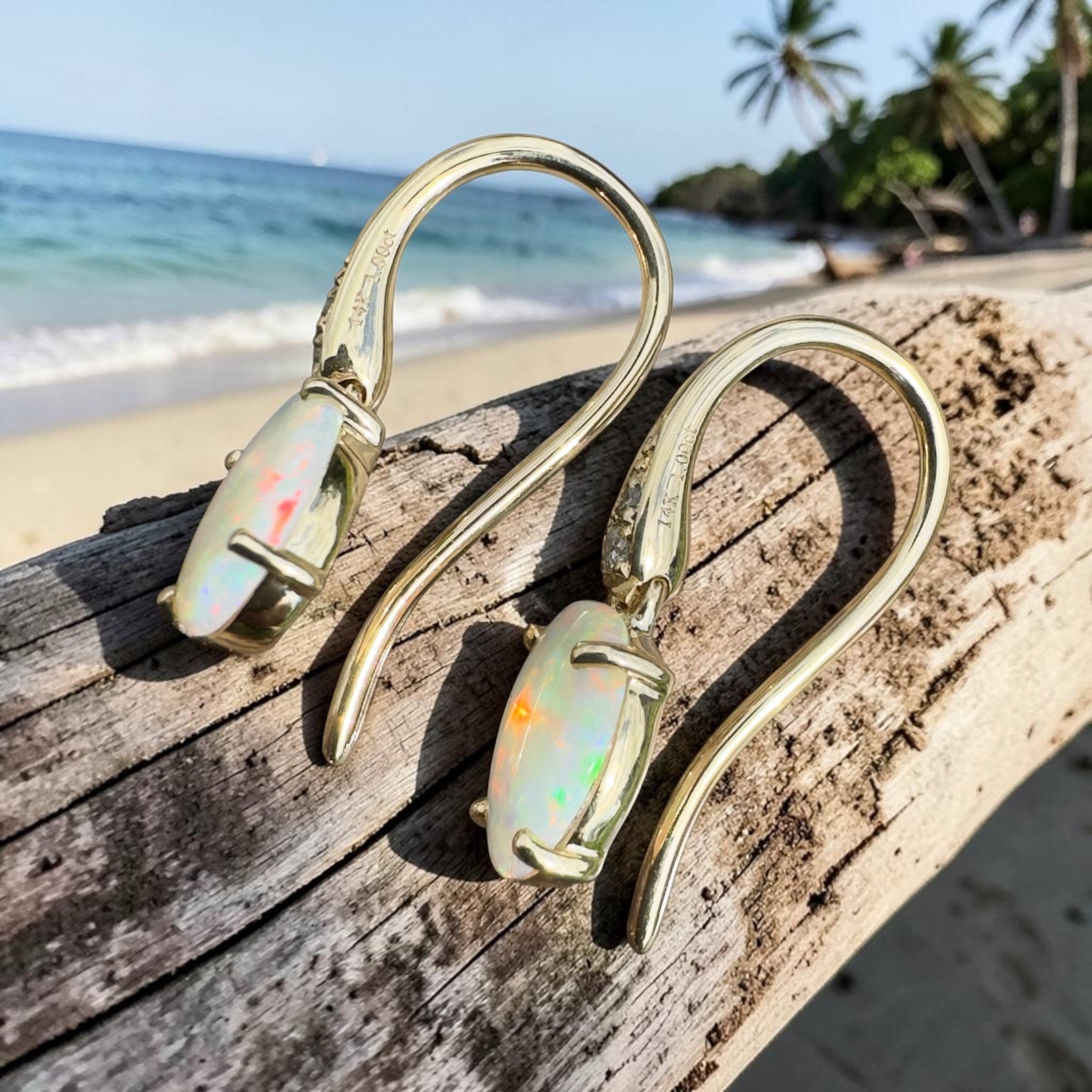 Outback Aurora ~ 14ct Solid Gold 1ct Coober Pedy Opal and Diamond Earrings