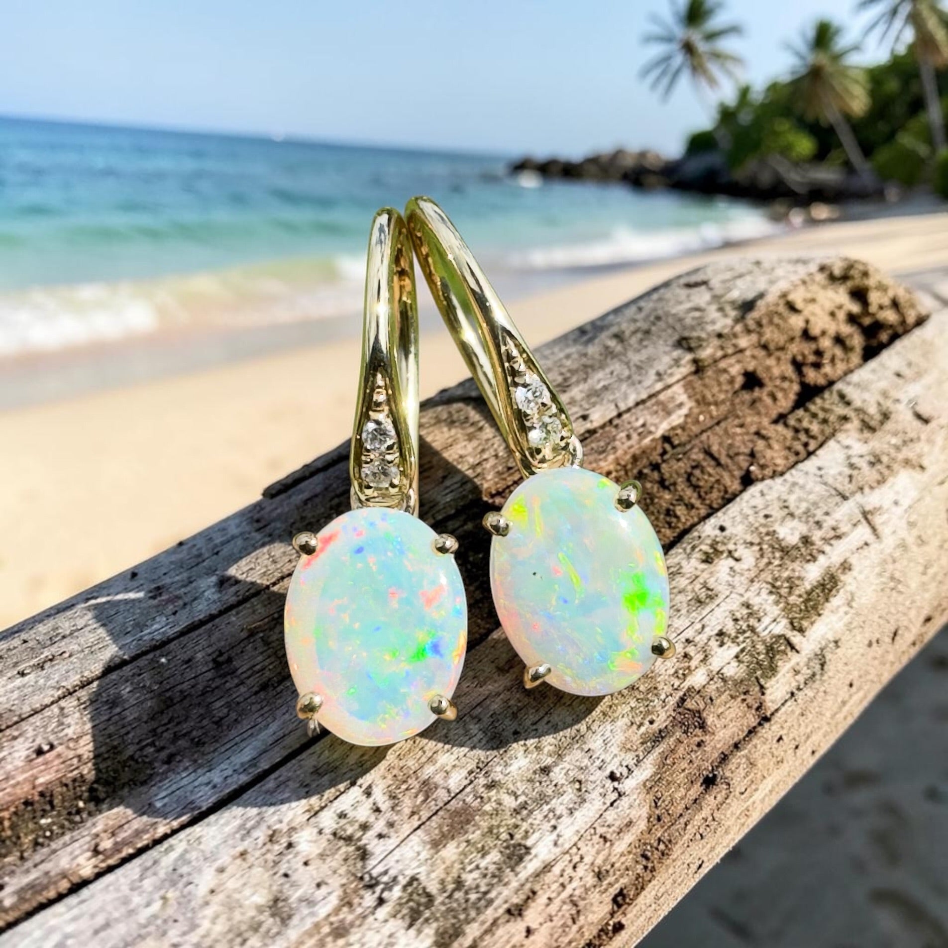 Outback Aurora ~ 14ct Solid Gold 1ct Coober Pedy Opal and Diamond Earrings