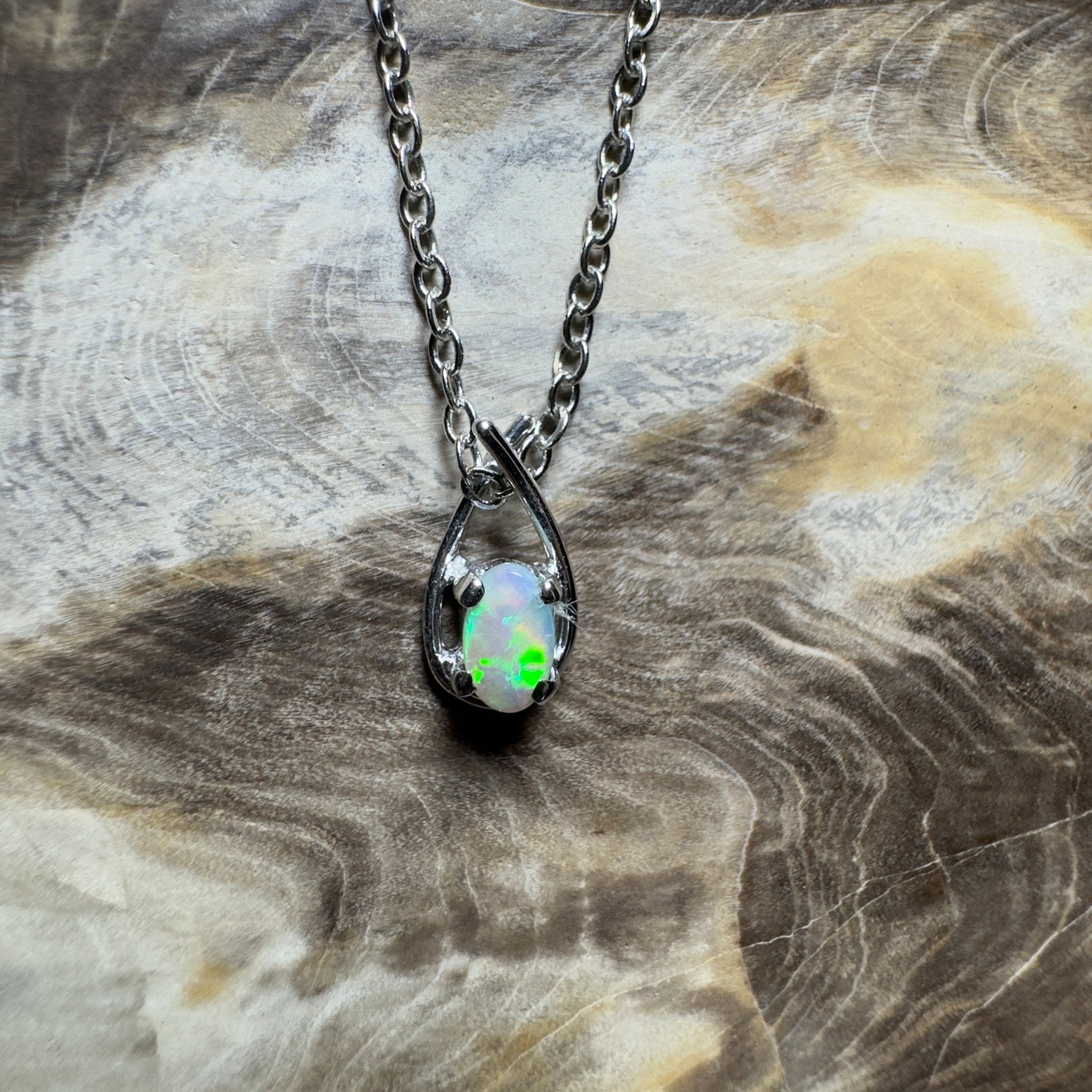 Outback Glimmer ~ 0.3ct Lightning Ridge Crystal Opal 18ct White Gold Pendant