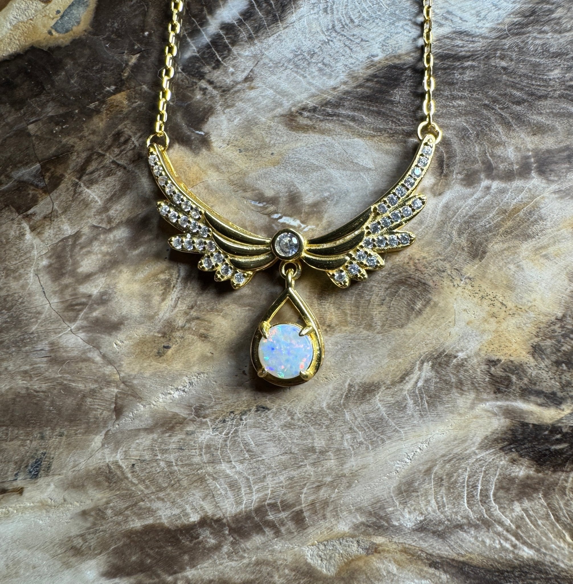 Outback Guardian ~ 0.5ct Solid Coober Pedy Opal and Cubic Zirconia 925 Gold Plated Sterling Silver Necklace