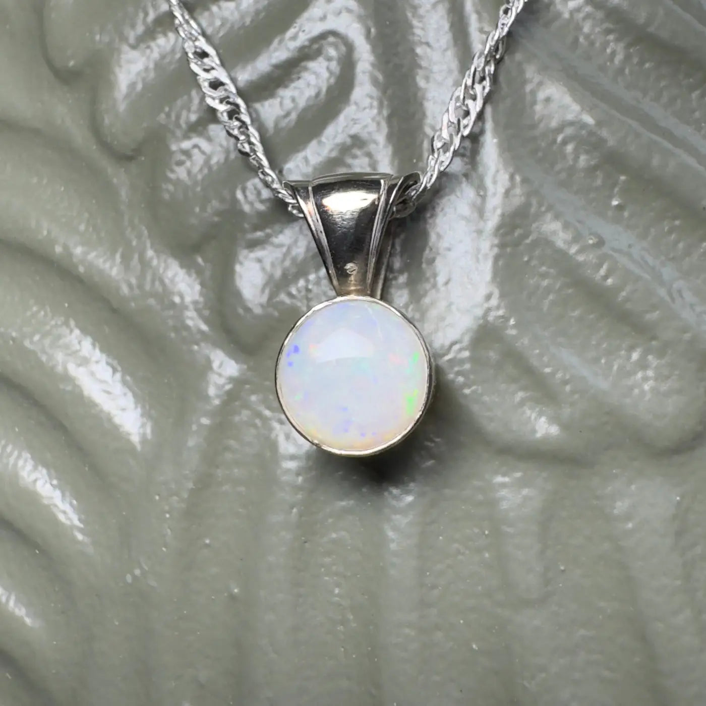 Silver opal pendant necklace from Outback to Ocean handcrafted 9ct solid white gold with Coober Pedy opal