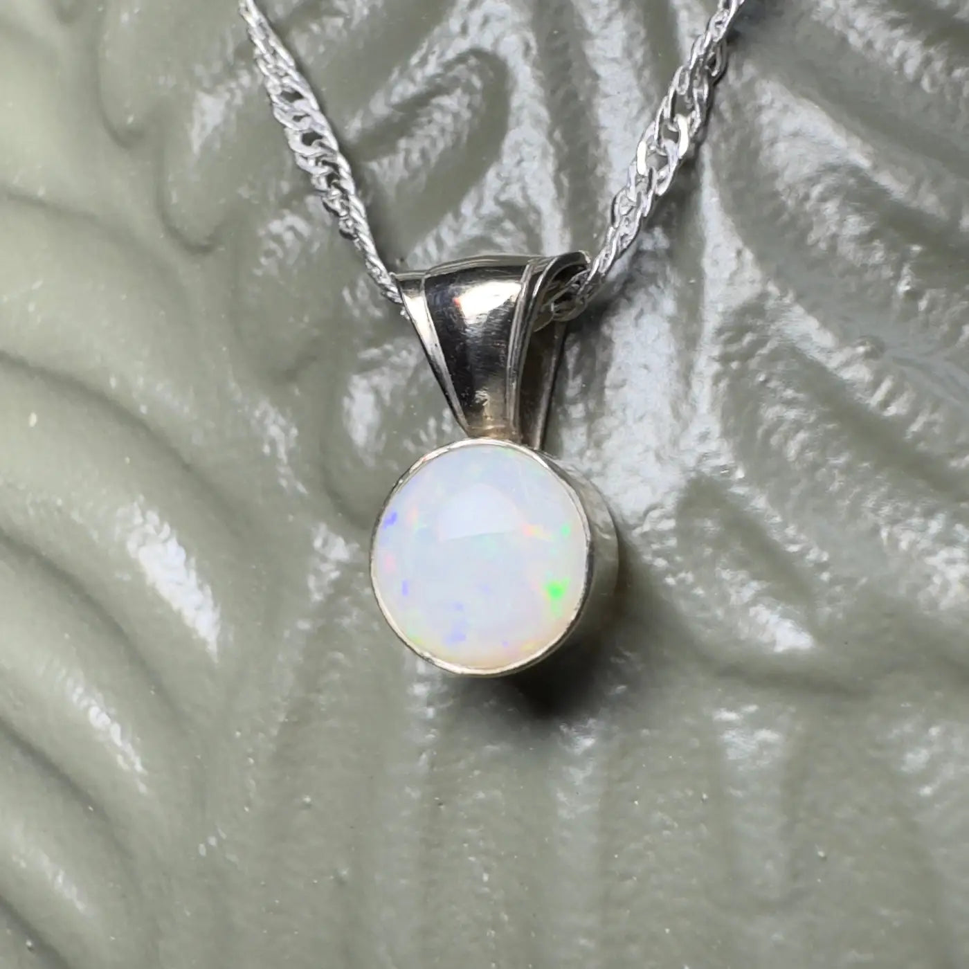 Silver pendant necklace with opal from Outback to Ocean handcrafted in 9ct solid white gold