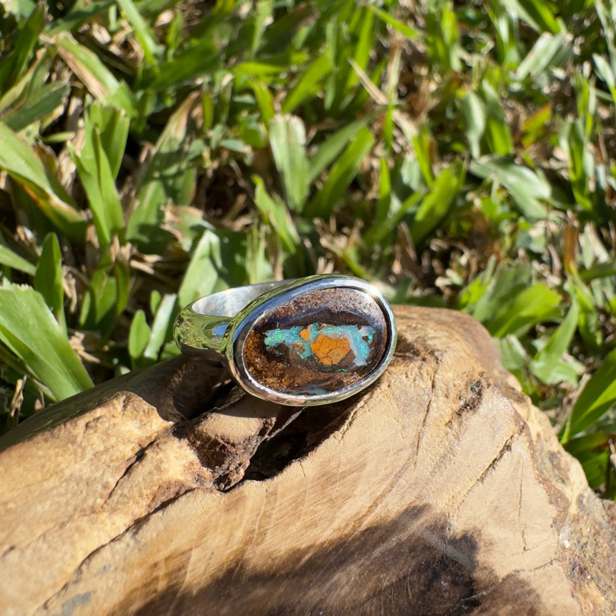Outback to Ocean Spray ~ 4ct Solid Queensland Boulder Opal 925 Sterling Silver Ring