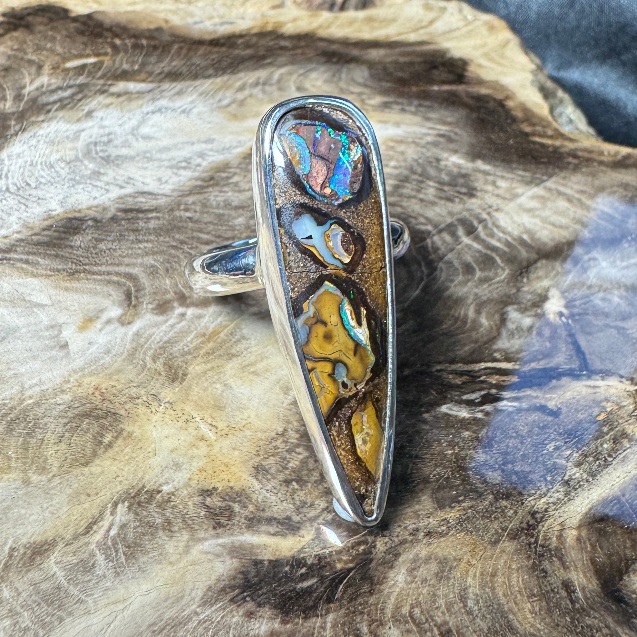 Outback to Ocean Whisper ~ 11.2ct Solid Queensland Boulder Opal 925 Sterling Silver Ring