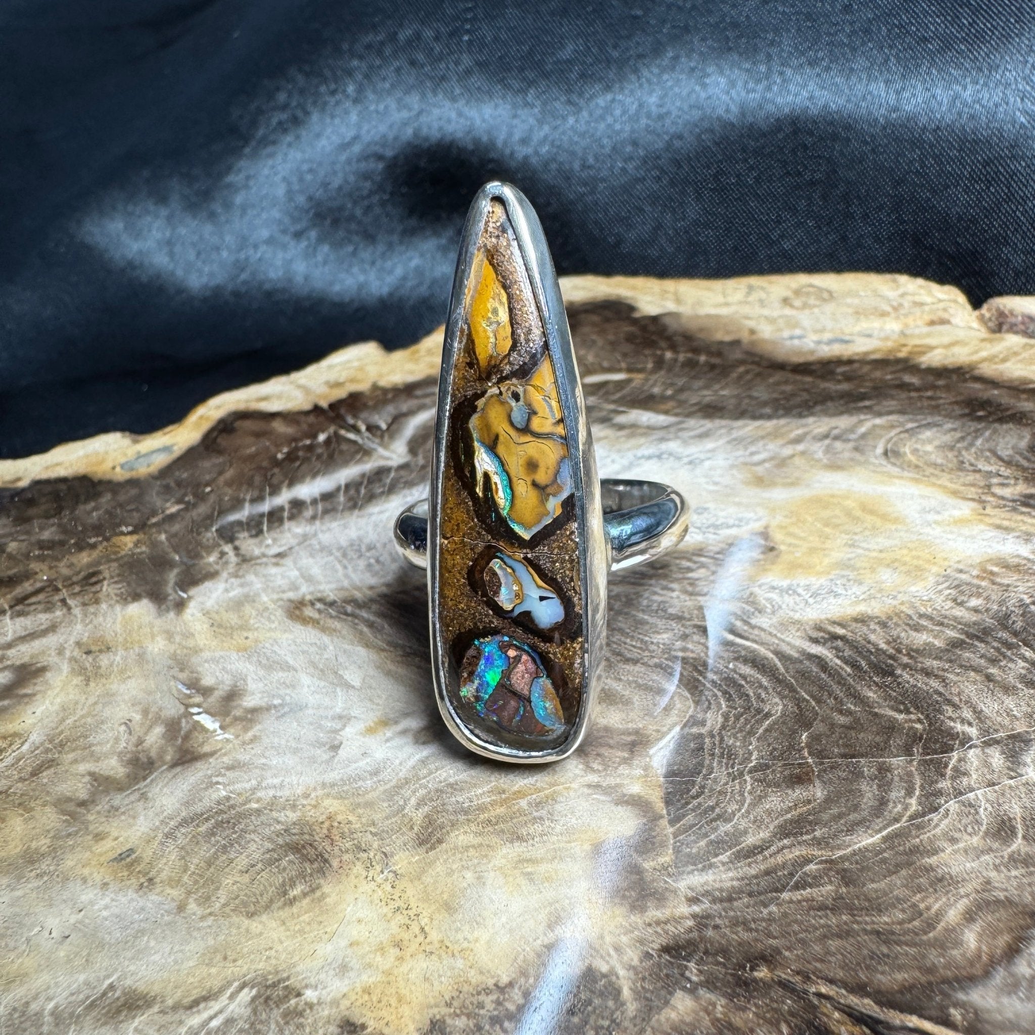 Outback to Ocean Whisper ~ 11.2ct Solid Queensland Boulder Opal 925 Sterling Silver Ring