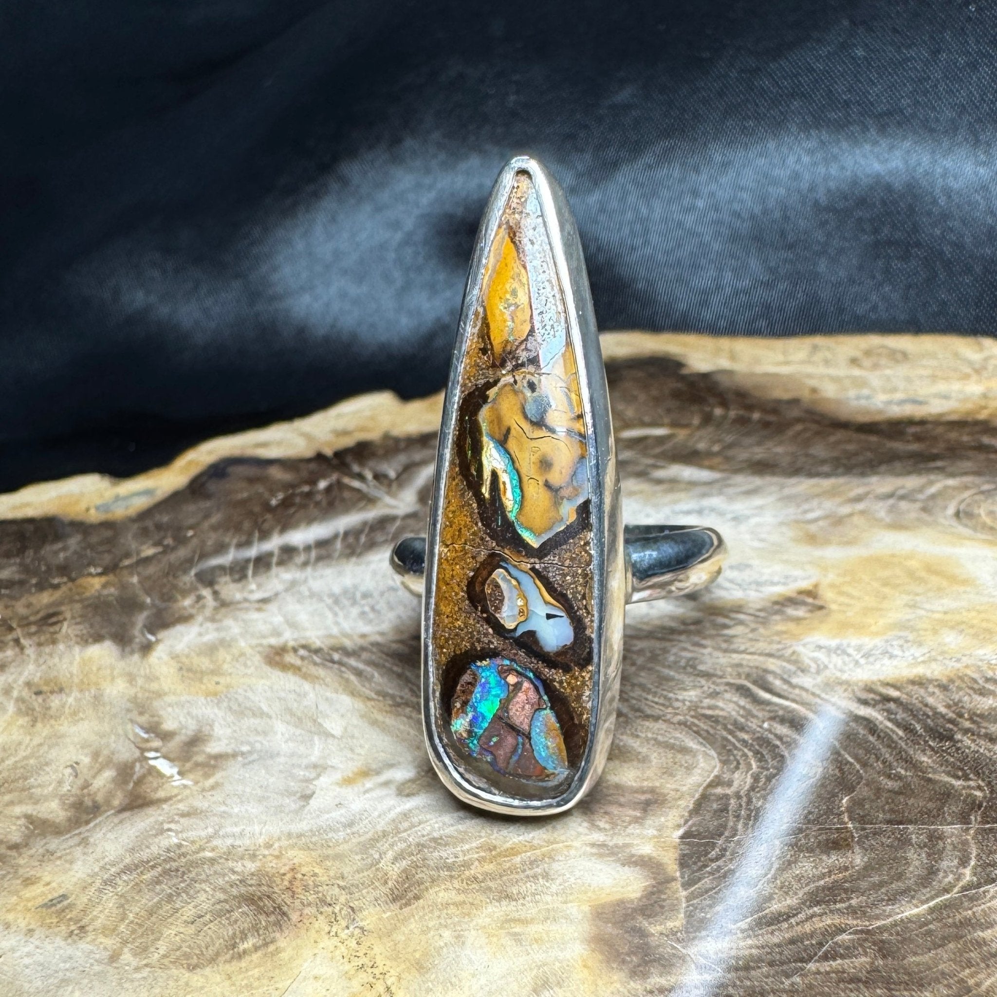 Outback to Ocean Whisper ~ 11.2ct Solid Queensland Boulder Opal 925 Sterling Silver Ring