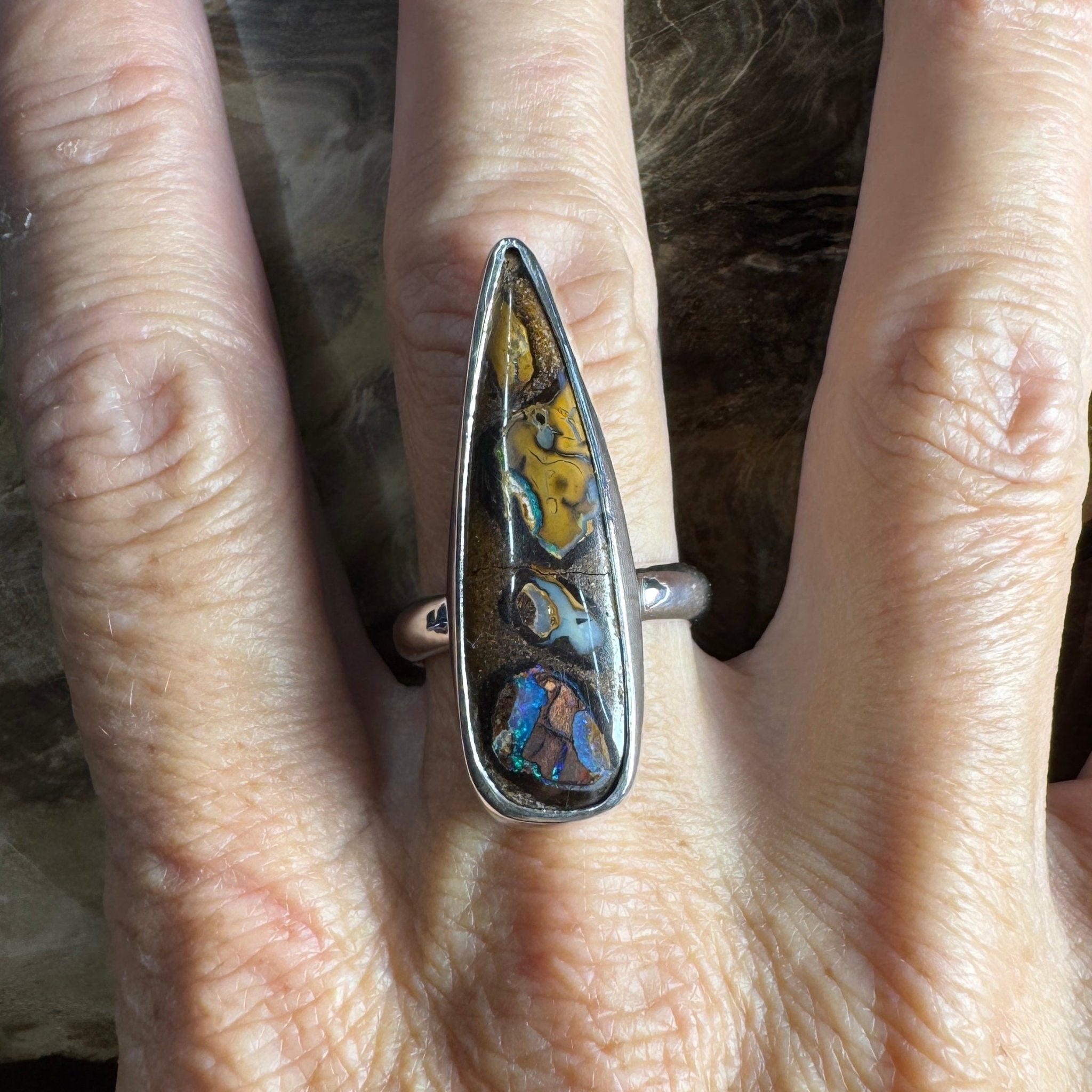 Outback to Ocean Whisper ~ 11.2ct Solid Queensland Boulder Opal 925 Sterling Silver Ring