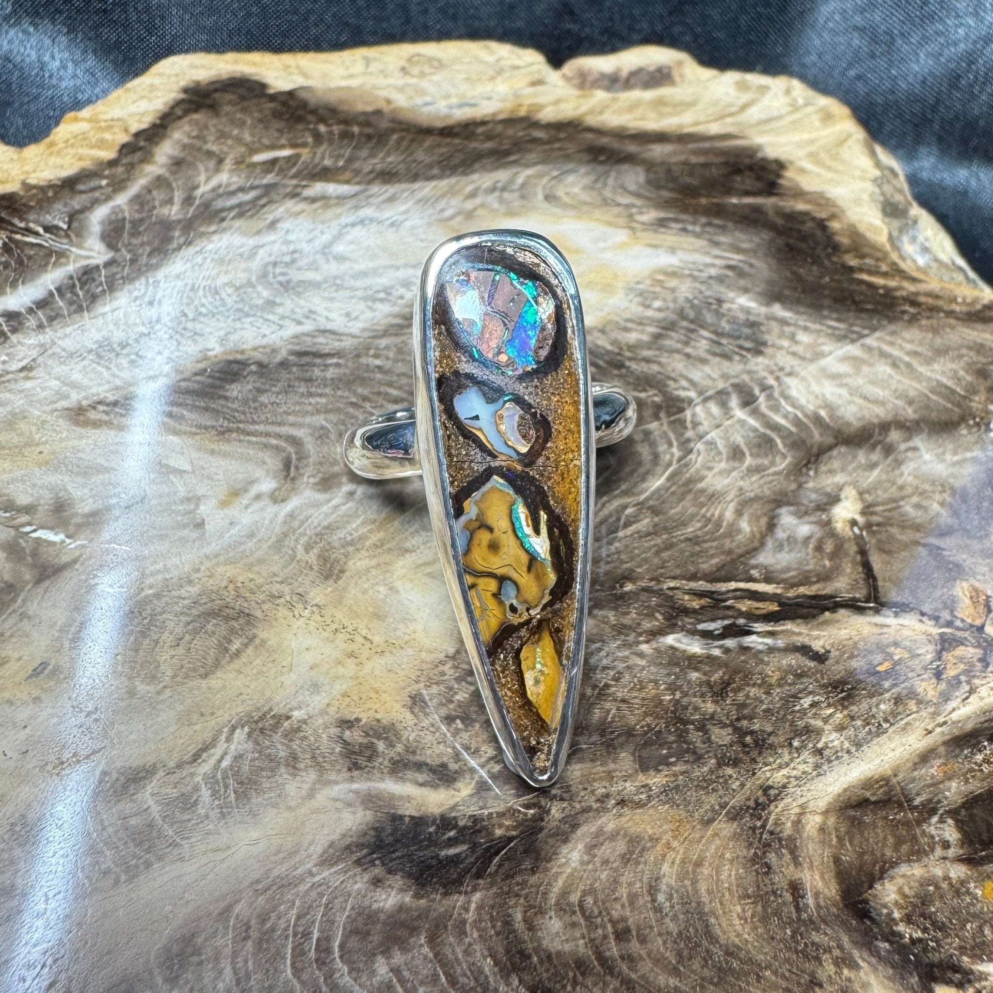 Outback to Ocean Whisper ~ 11.2ct Solid Queensland Boulder Opal 925 Sterling Silver Ring