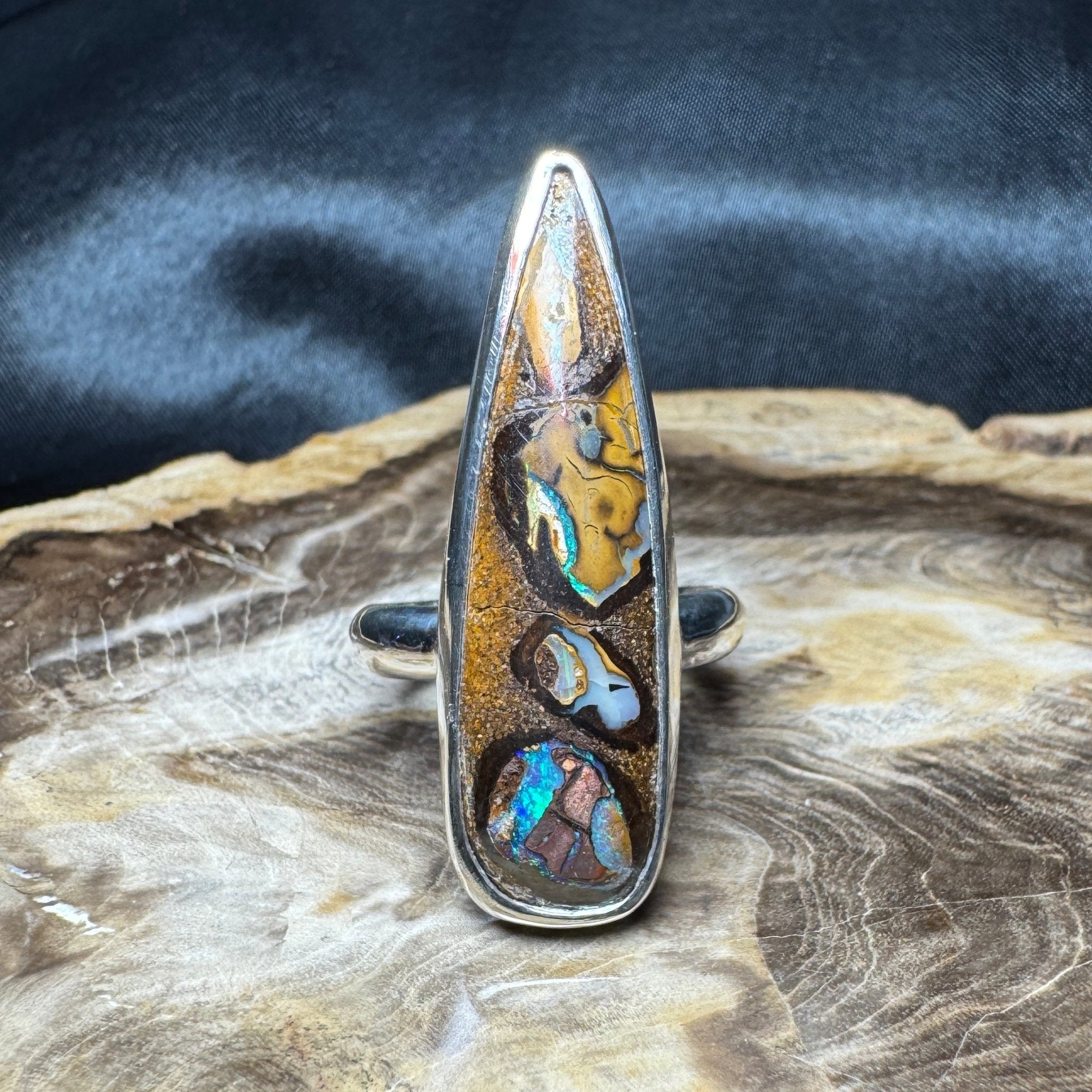 Outback to Ocean Whisper ~ 11.2ct Solid Queensland Boulder Opal 925 Sterling Silver Ring