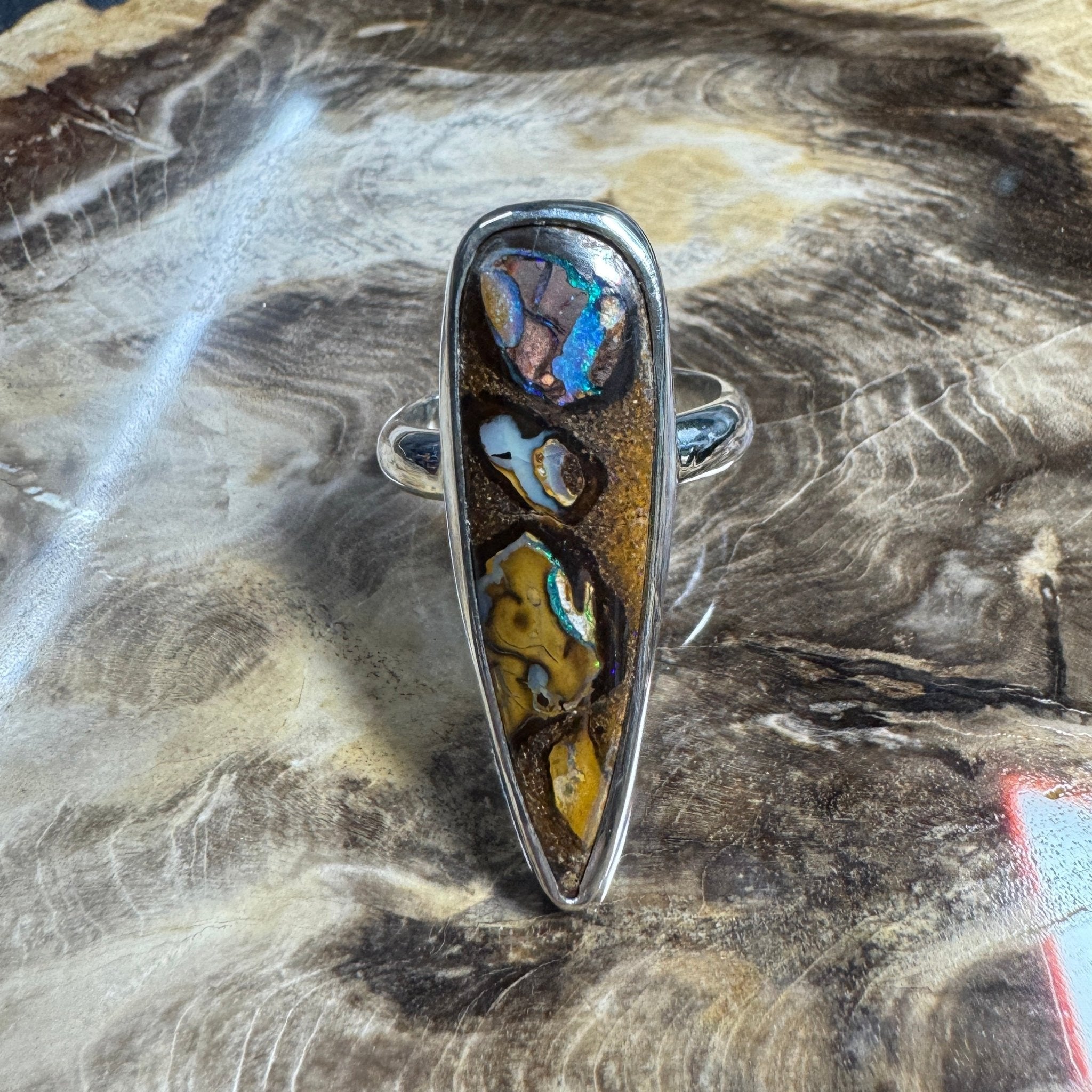 Outback to Ocean Whisper ~ 11.2ct Solid Queensland Boulder Opal 925 Sterling Silver Ring