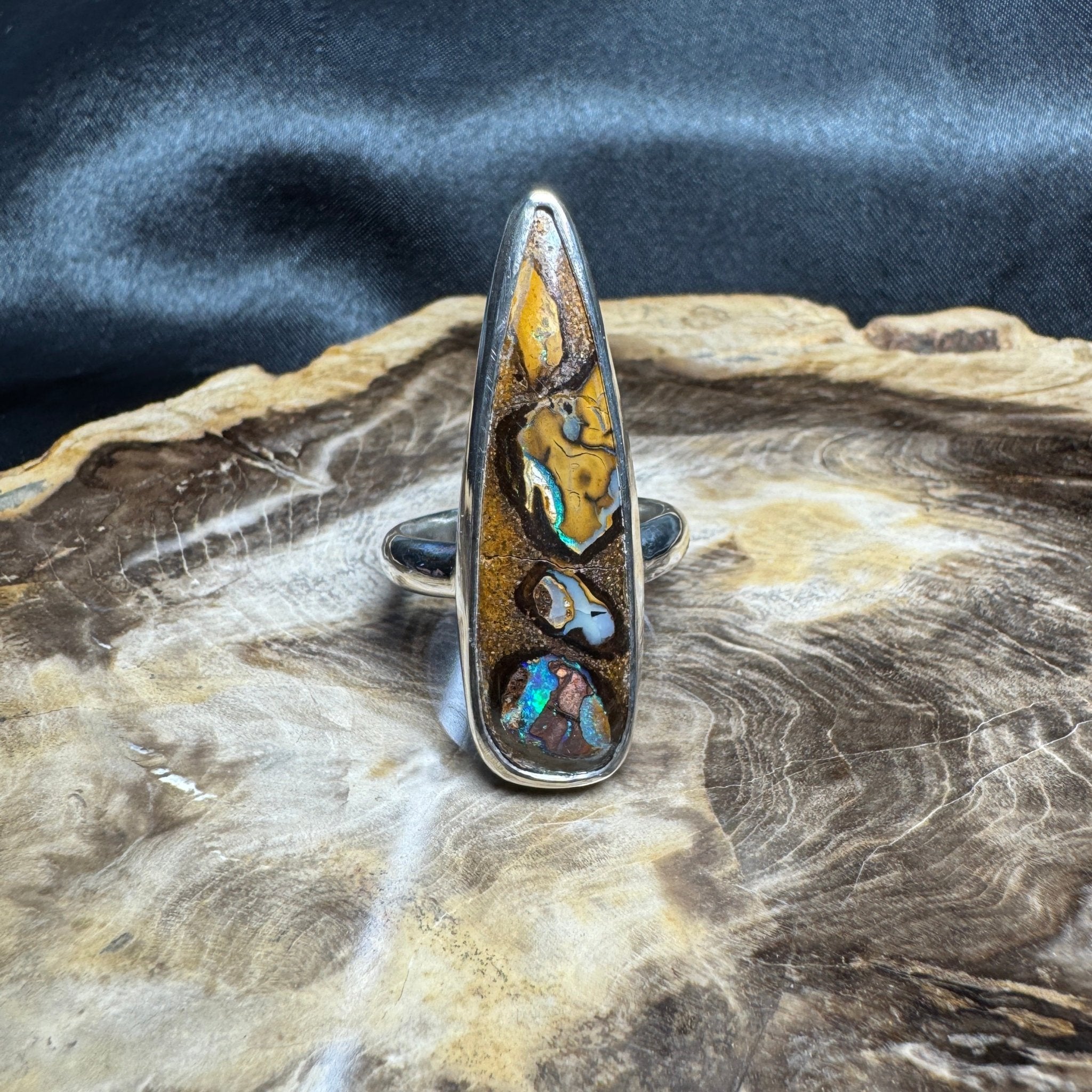 Outback to Ocean Whisper ~ 11.2ct Solid Queensland Boulder Opal 925 Sterling Silver Ring