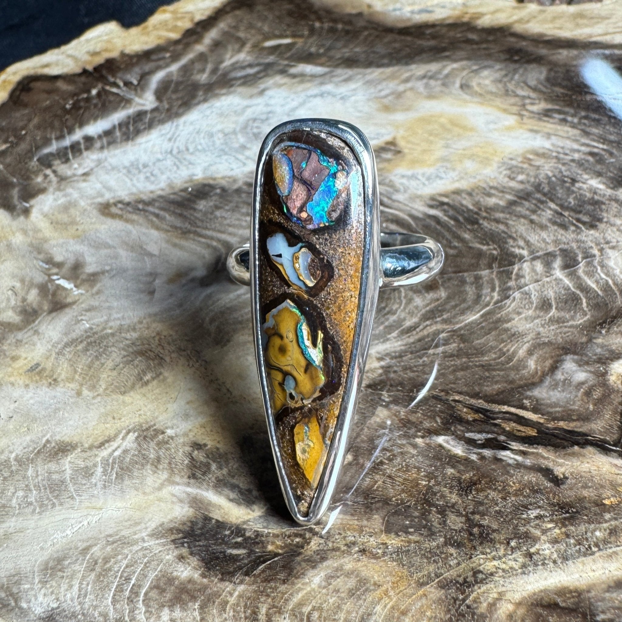 Outback to Ocean Whisper ~ 11.2ct Solid Queensland Boulder Opal 925 Sterling Silver Ring