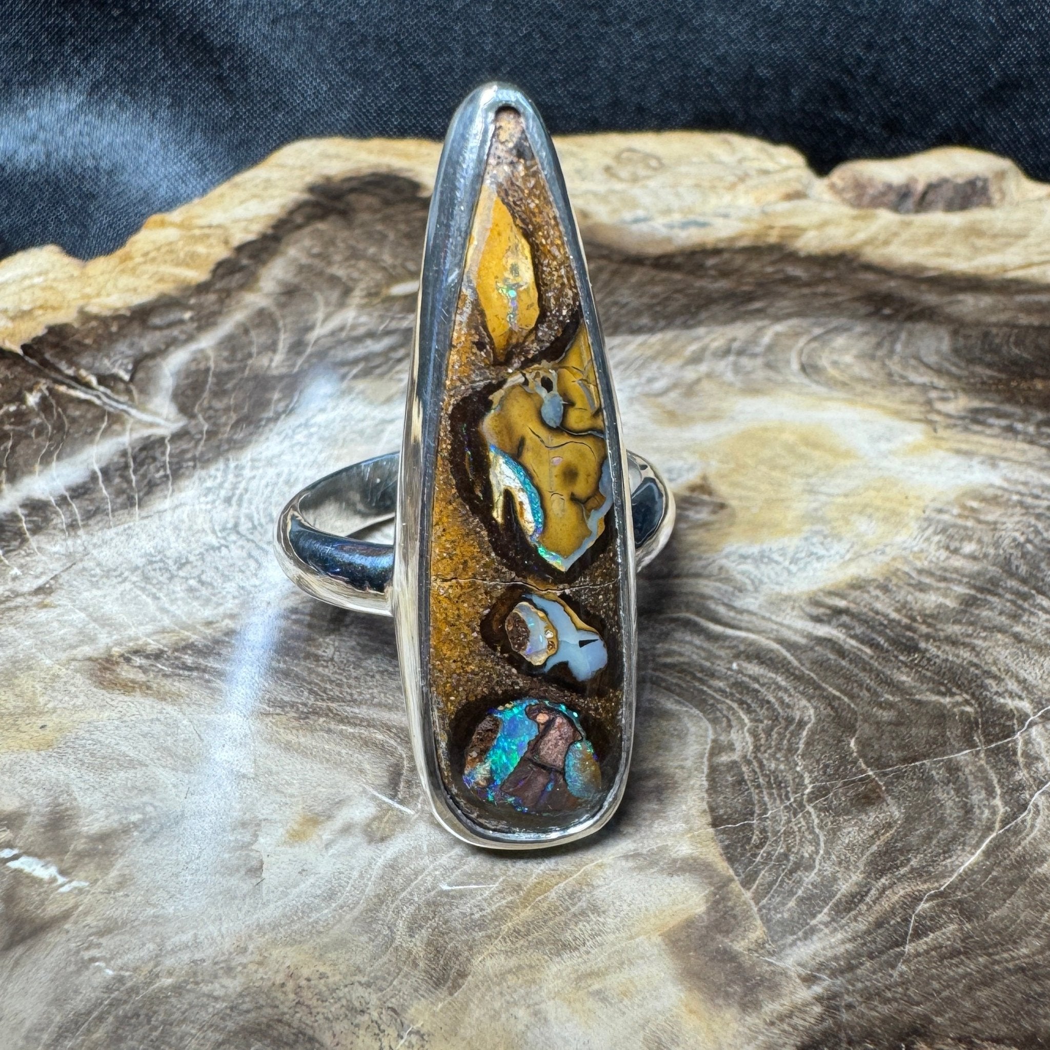 Outback to Ocean Whisper ~ 11.2ct Solid Queensland Boulder Opal 925 Sterling Silver Ring