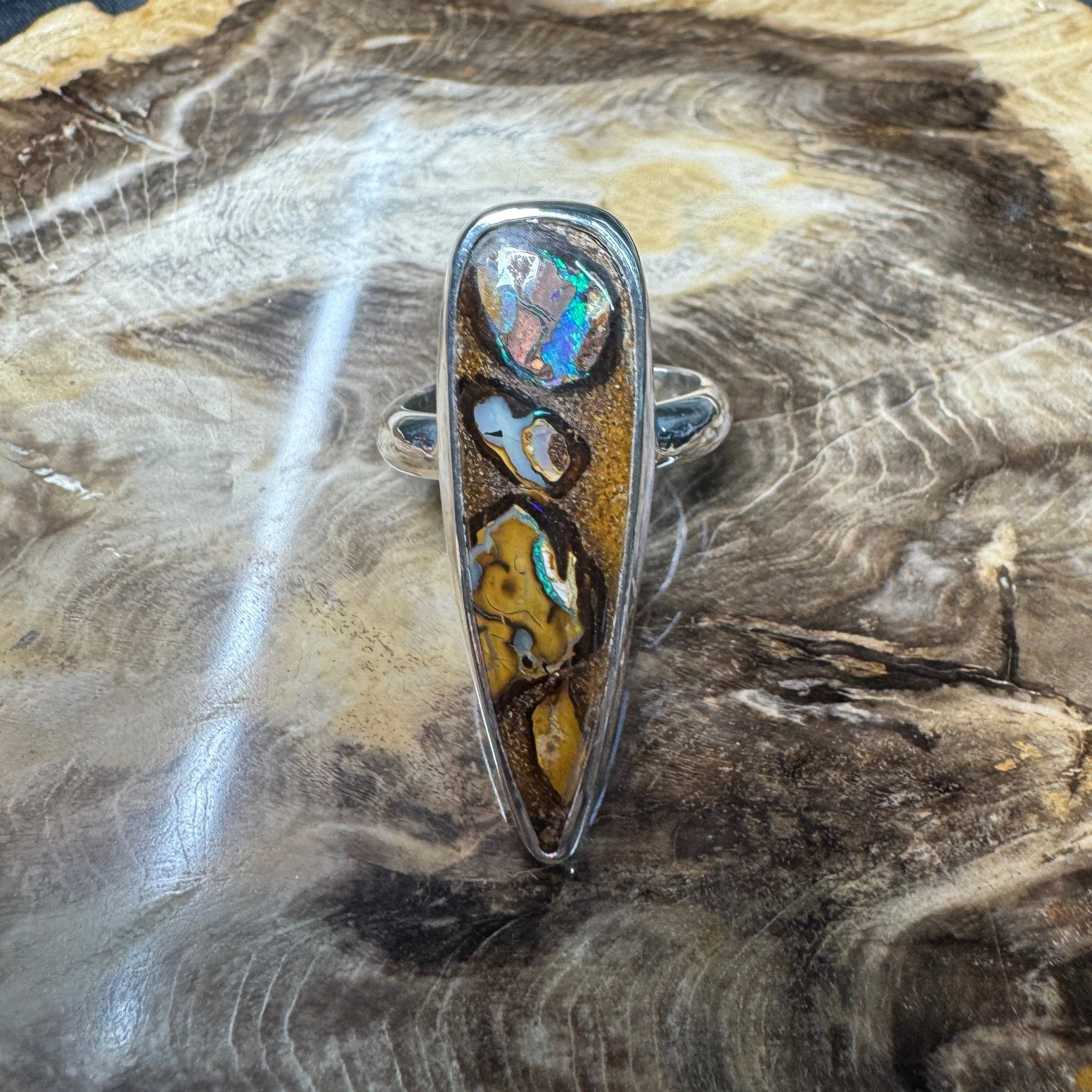 Outback to Ocean Whisper ~ 11.2ct Solid Queensland Boulder Opal 925 Sterling Silver Ring