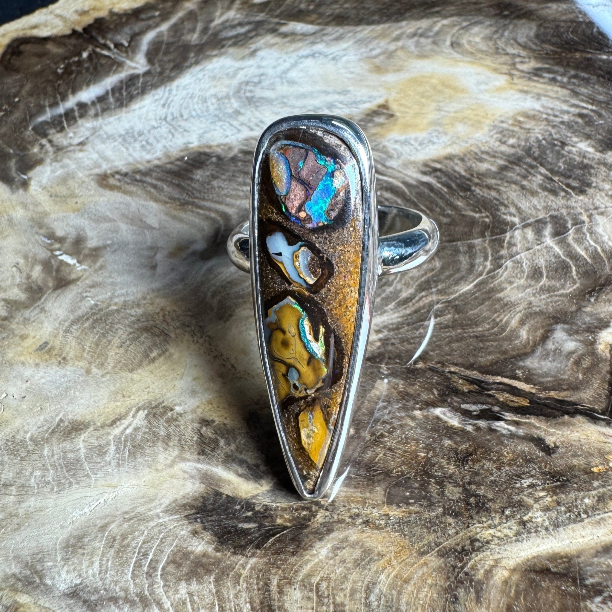 Outback to Ocean Whisper ~ 11.2ct Solid Queensland Boulder Opal 925 Sterling Silver Ring
