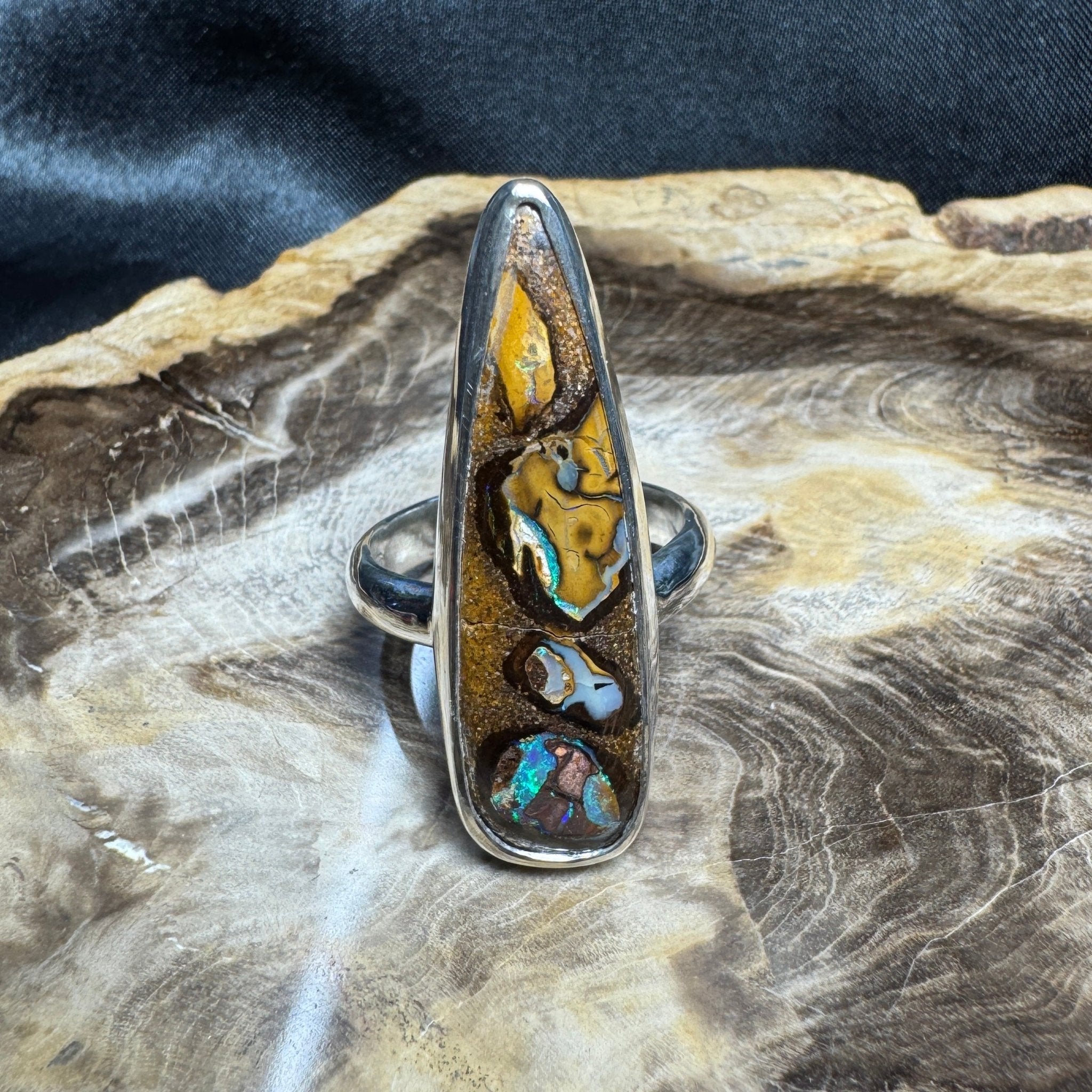 Outback to Ocean Whisper ~ 11.2ct Solid Queensland Boulder Opal 925 Sterling Silver Ring