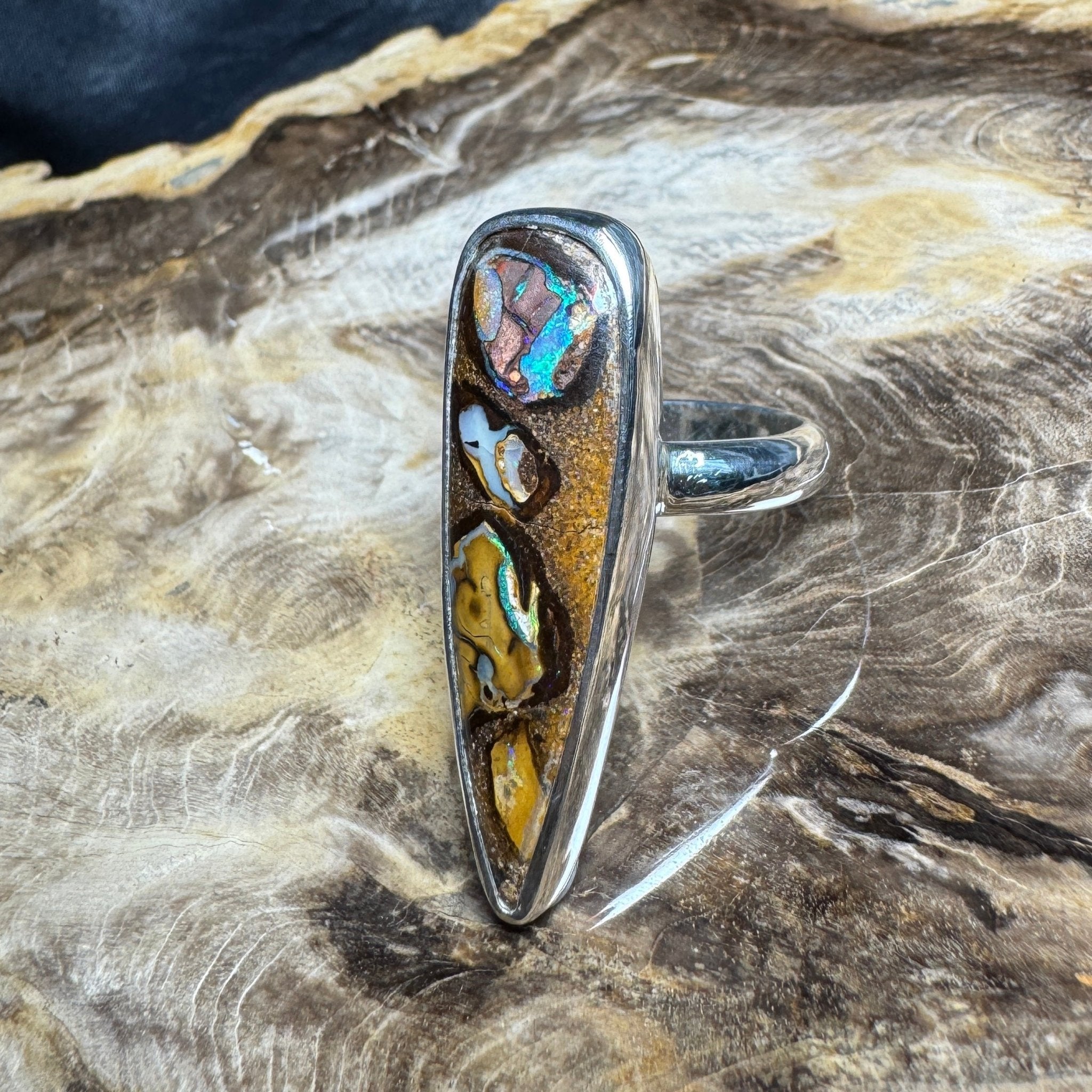Outback to Ocean Whisper ~ 11.2ct Solid Queensland Boulder Opal 925 Sterling Silver Ring