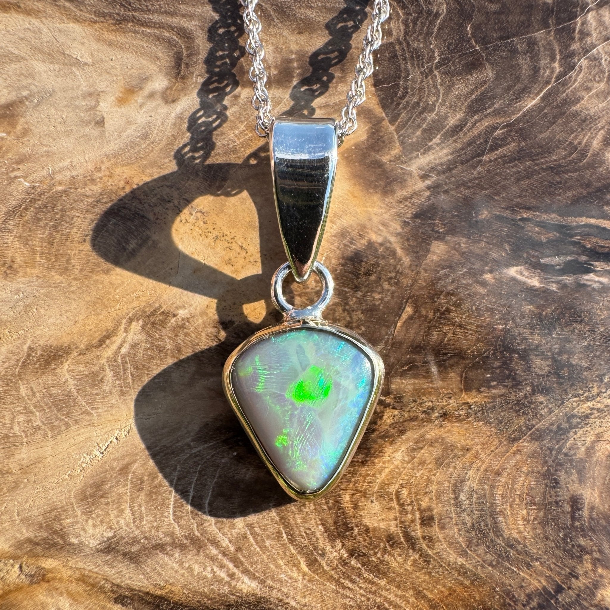 Pacific Stream ~ 3ct Solid Lightning Ridge Opal Two - tone 9ct Gold and 925 Sterling Silver Pendant Necklace