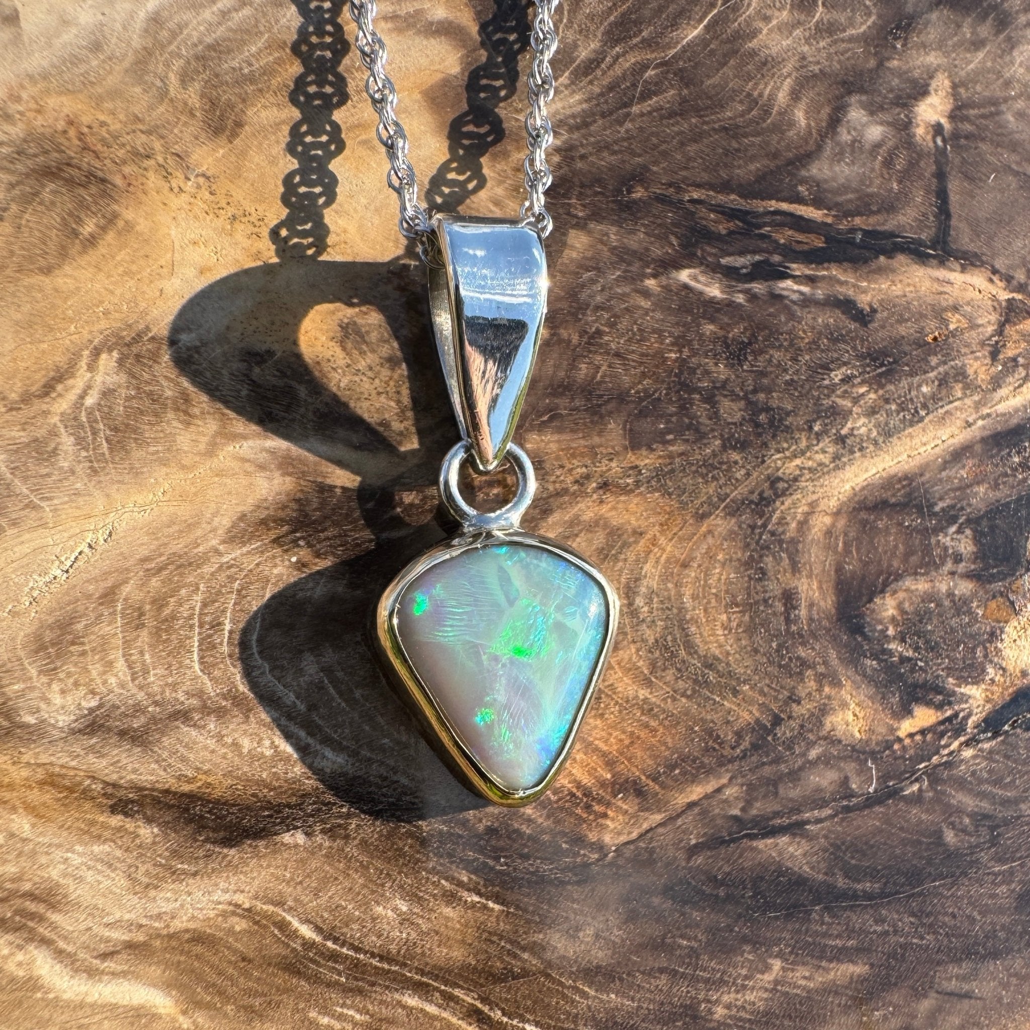 Pacific Stream ~ 3ct Solid Lightning Ridge Opal Two - tone 9ct Gold and 925 Sterling Silver Pendant Necklace