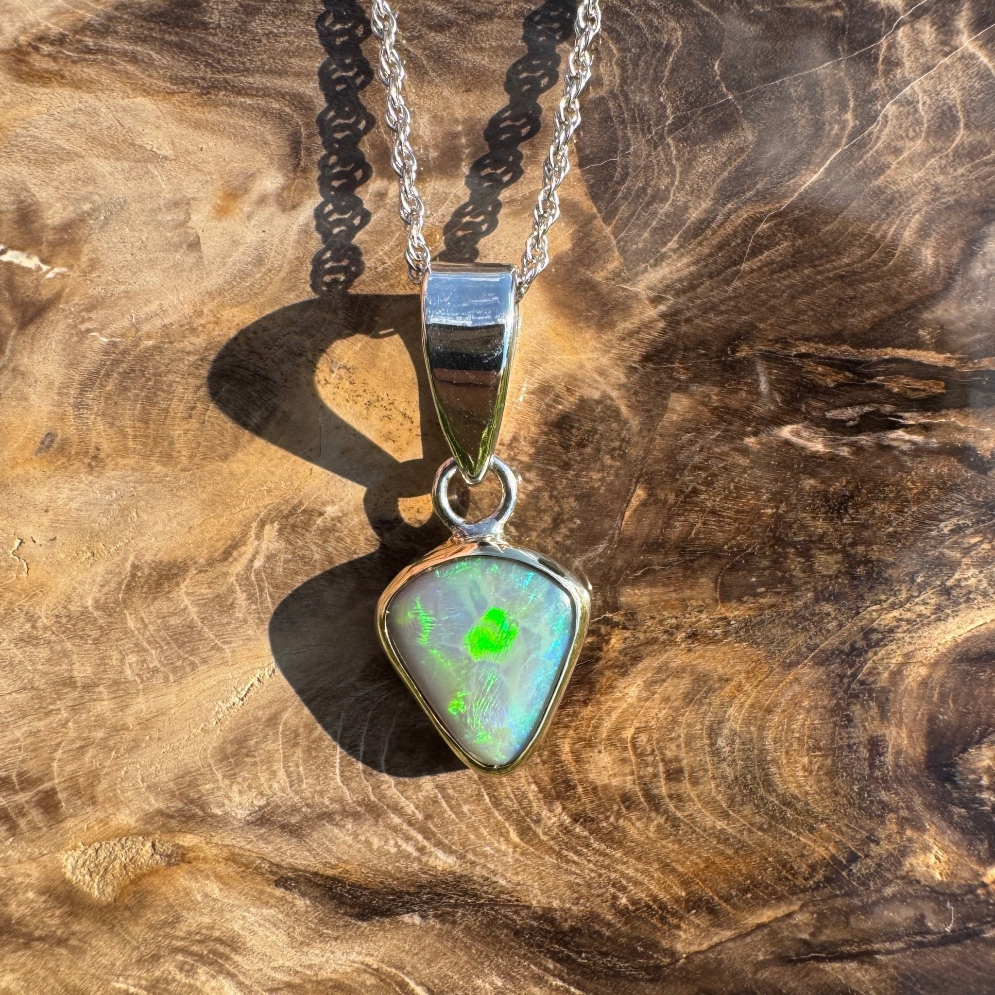 Pacific Stream ~ 3ct Solid Lightning Ridge Opal Two - tone 9ct Gold and 925 Sterling Silver Pendant Necklace