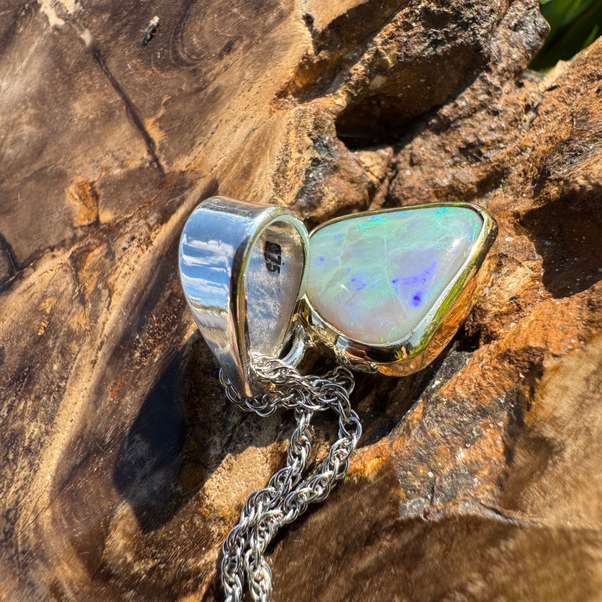 Pacific Stream ~ 3ct Solid Lightning Ridge Opal Two - tone 9ct Gold and 925 Sterling Silver Pendant Necklace