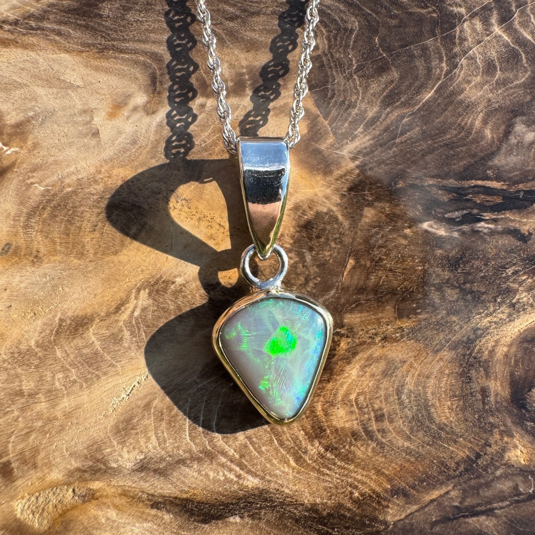 Pacific Stream ~ 3ct Solid Lightning Ridge Opal Two - tone 9ct Gold and 925 Sterling Silver Pendant Necklace