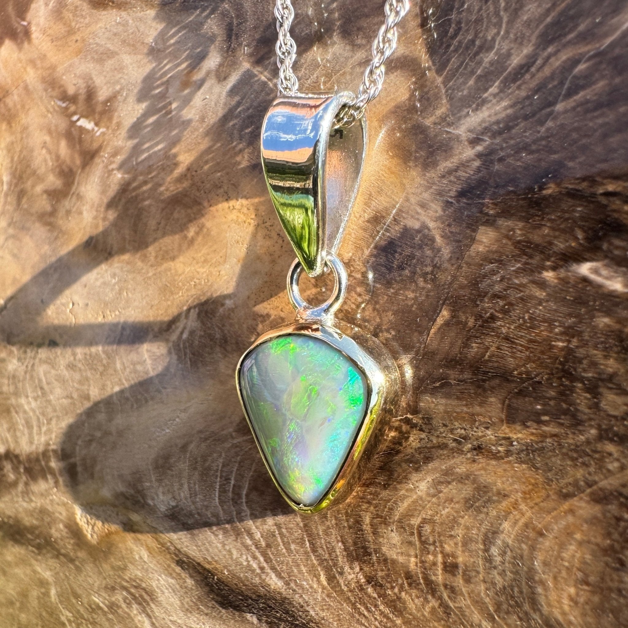 Pacific Stream ~ 3ct Solid Lightning Ridge Opal Two - tone 9ct Gold and 925 Sterling Silver Pendant Necklace