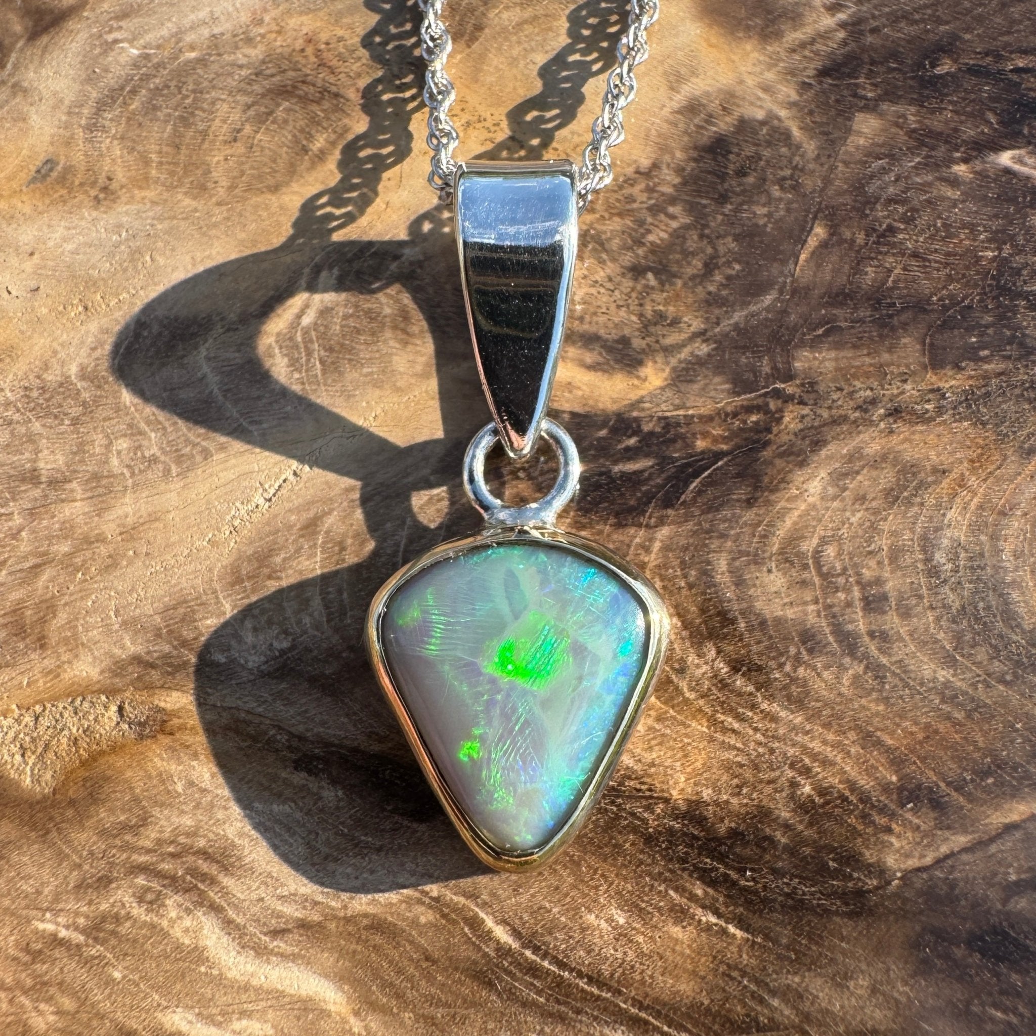 Pacific Stream ~ 3ct Solid Lightning Ridge Opal Two - tone 9ct Gold and 925 Sterling Silver Pendant Necklace