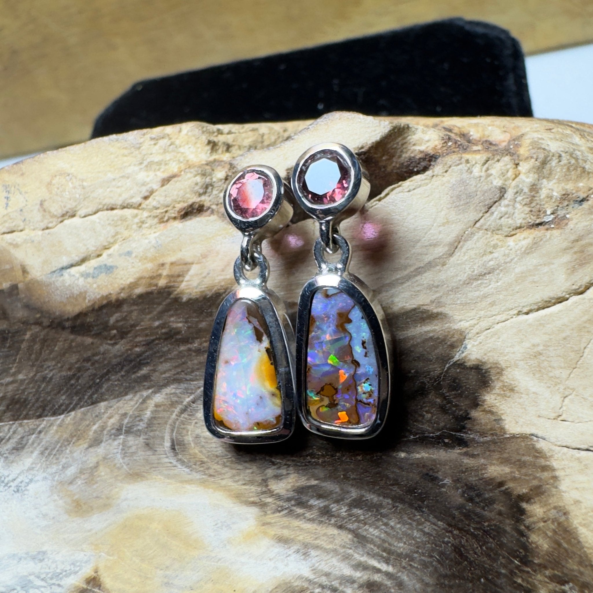 Pink Lake Pastel ~ Handcrafted 1.1ct Pink Tourmaline and 4.7ct Solid Queensland Boulder Opal 925 Silver Earrings