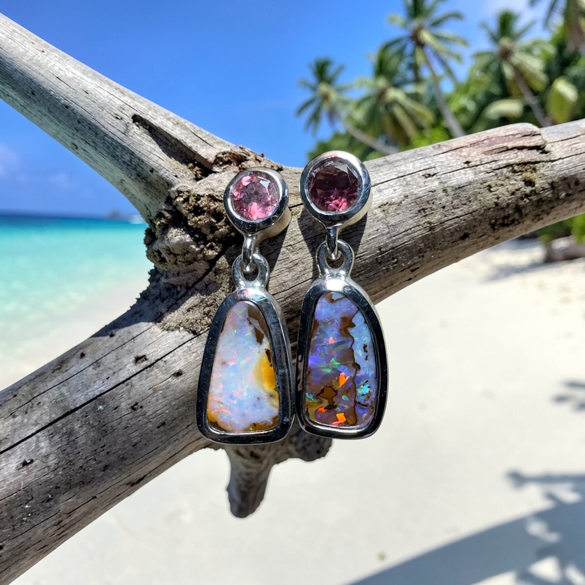 Pink Lake Pastel ~ Handcrafted 1.1ct Pink Tourmaline and 4.7ct Solid Queensland Boulder Opal 925 Silver Earrings