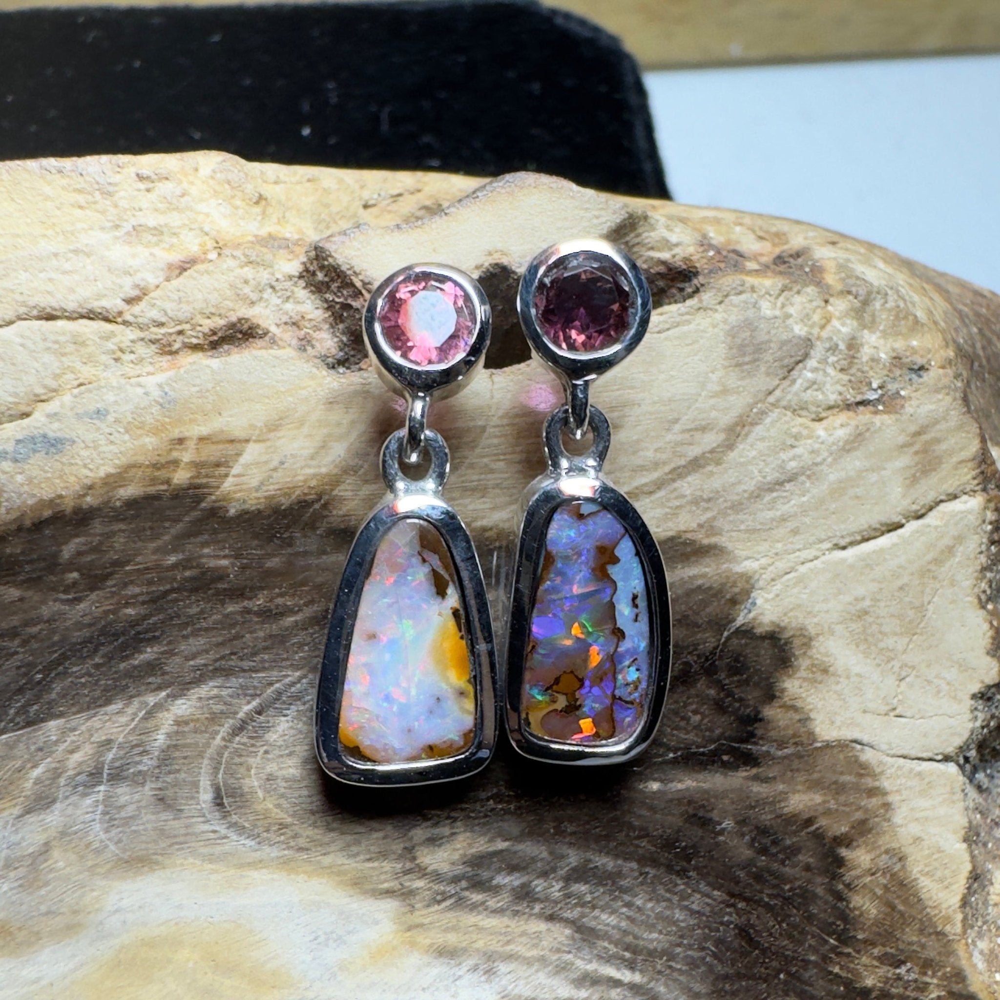 Pink Lake Pastel ~ Handcrafted 1.1ct Pink Tourmaline and 4.7ct Solid Queensland Boulder Opal 925 Silver Earrings
