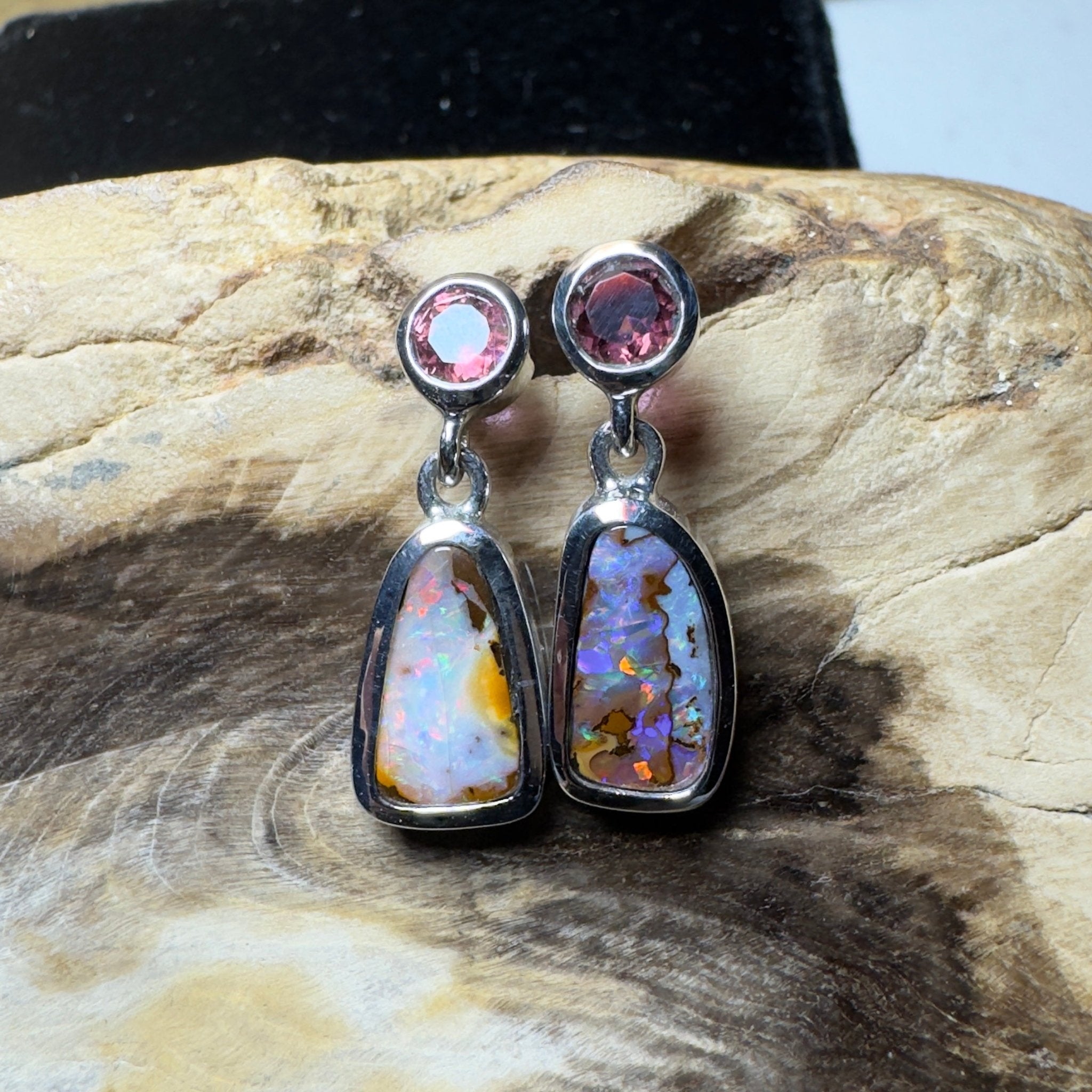 Pink Lake Pastel ~ Handcrafted 1.1ct Pink Tourmaline and 4.7ct Solid Queensland Boulder Opal 925 Silver Earrings