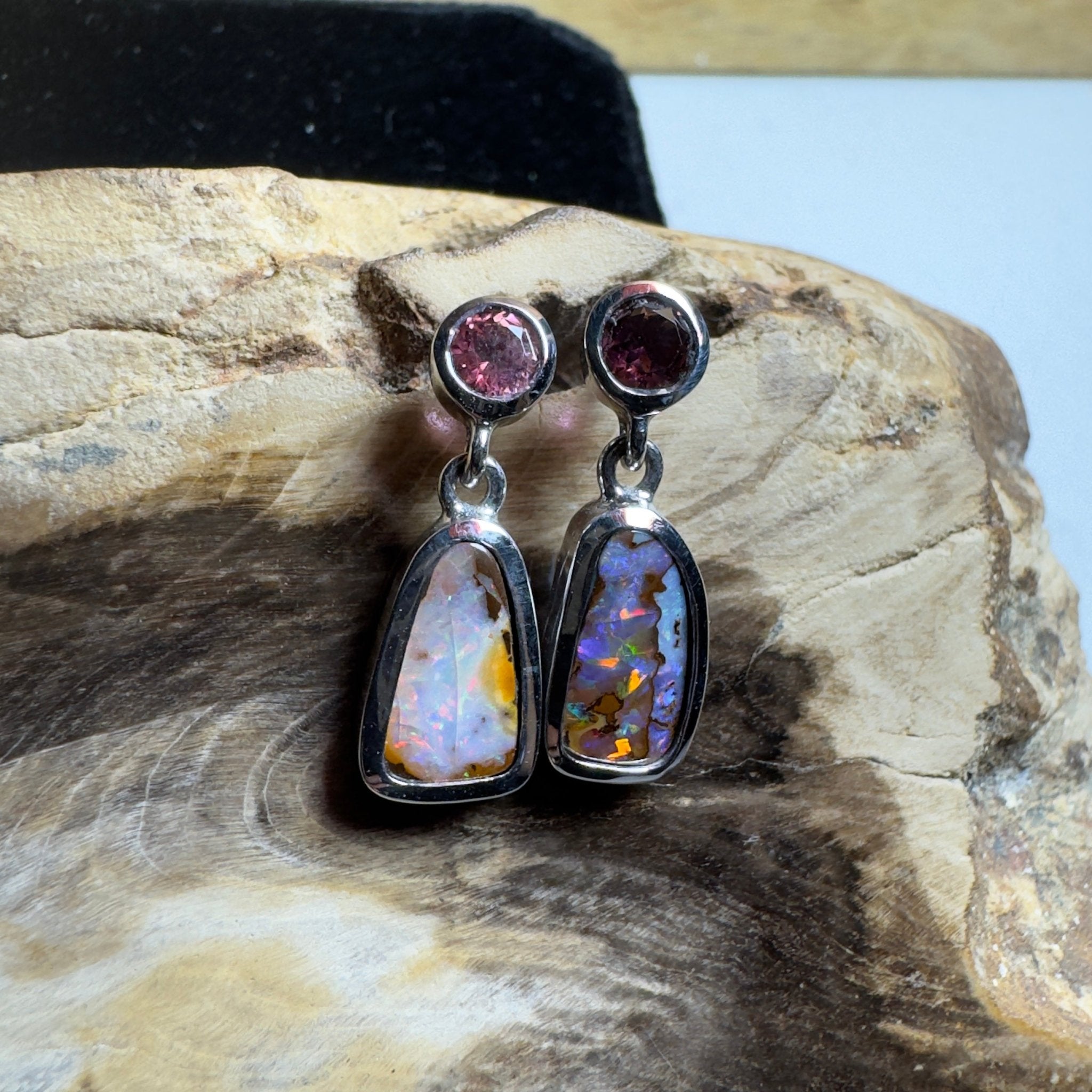 Pink Lake Pastel ~ Handcrafted 1.1ct Pink Tourmaline and 4.7ct Solid Queensland Boulder Opal 925 Silver Earrings