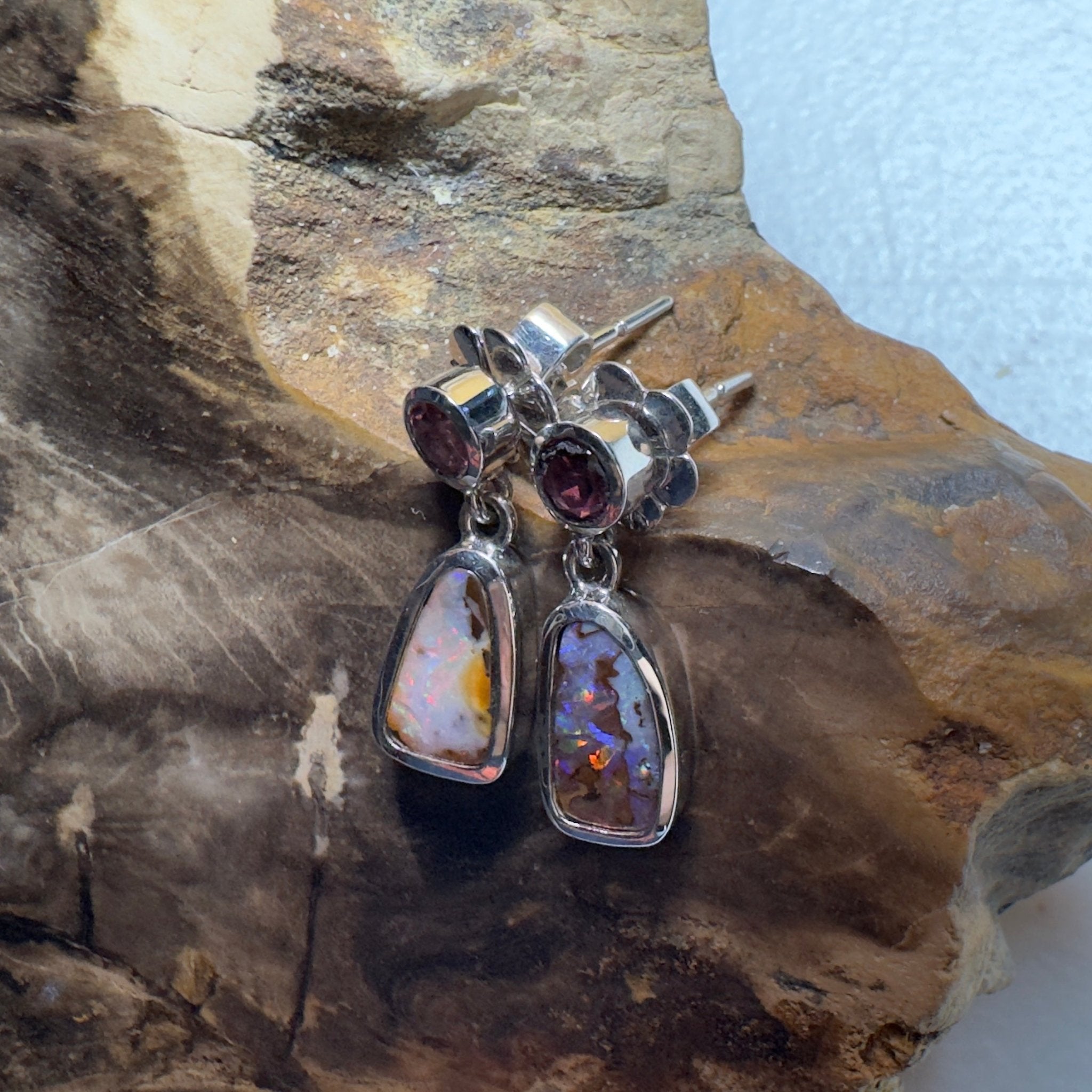 Pink Lake Pastel ~ Handcrafted 1.1ct Pink Tourmaline and 4.7ct Solid Queensland Boulder Opal 925 Silver Earrings