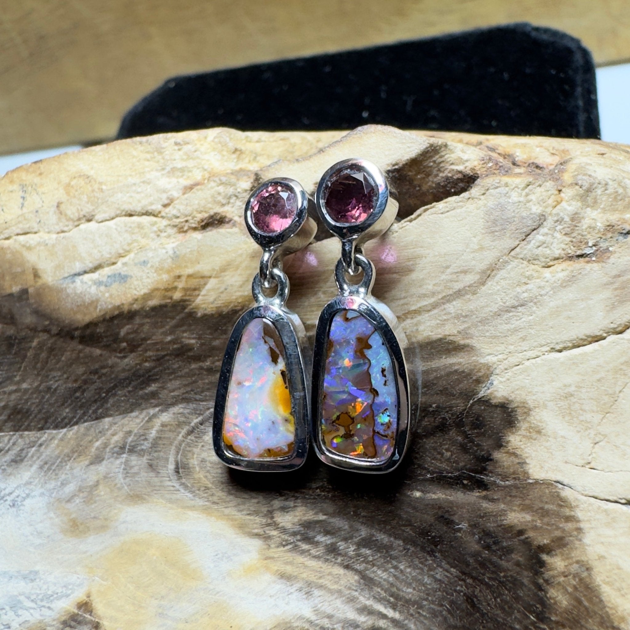Pink Lake Pastel ~ Handcrafted 1.1ct Pink Tourmaline and 4.7ct Solid Queensland Boulder Opal 925 Silver Earrings