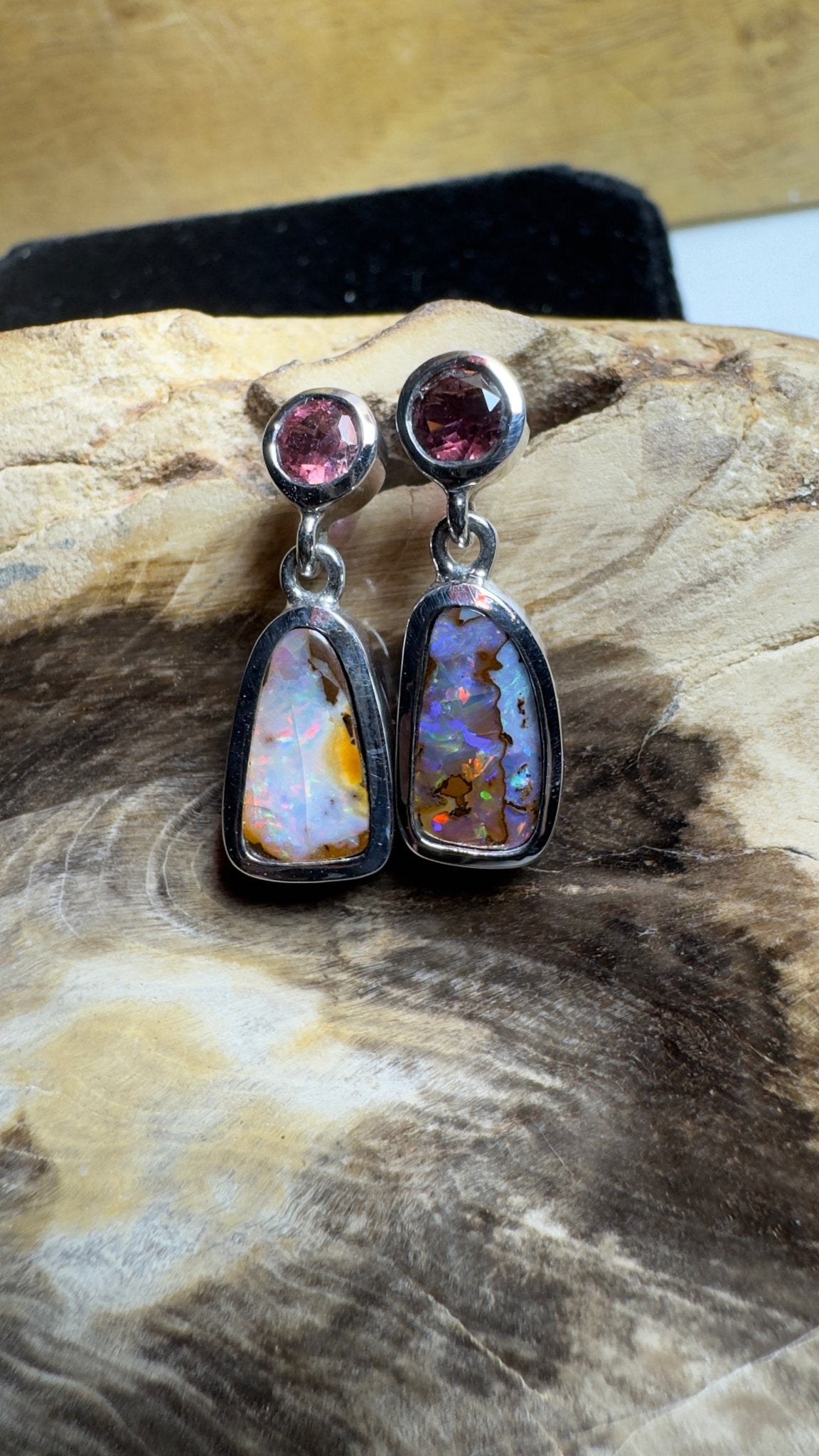 Pink Lake Pastel ~ Handcrafted 1.1ct Pink Tourmaline and 4.7ct Solid Queensland Boulder Opal 925 Silver Earrings