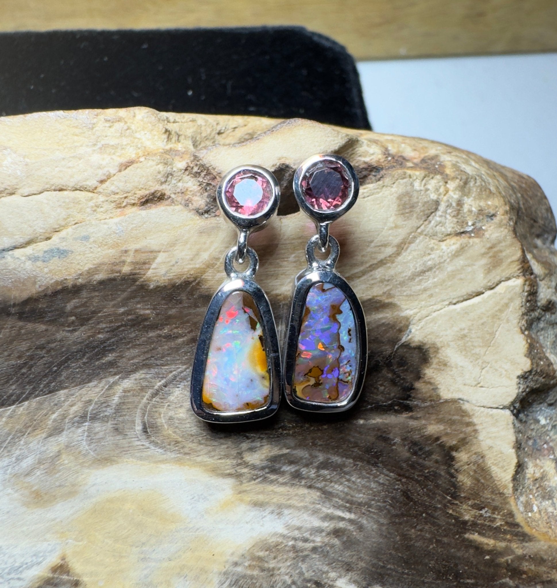 Pink Lake Pastel ~ Handcrafted 1.1ct Pink Tourmaline and 4.7ct Solid Queensland Boulder Opal 925 Silver Earrings