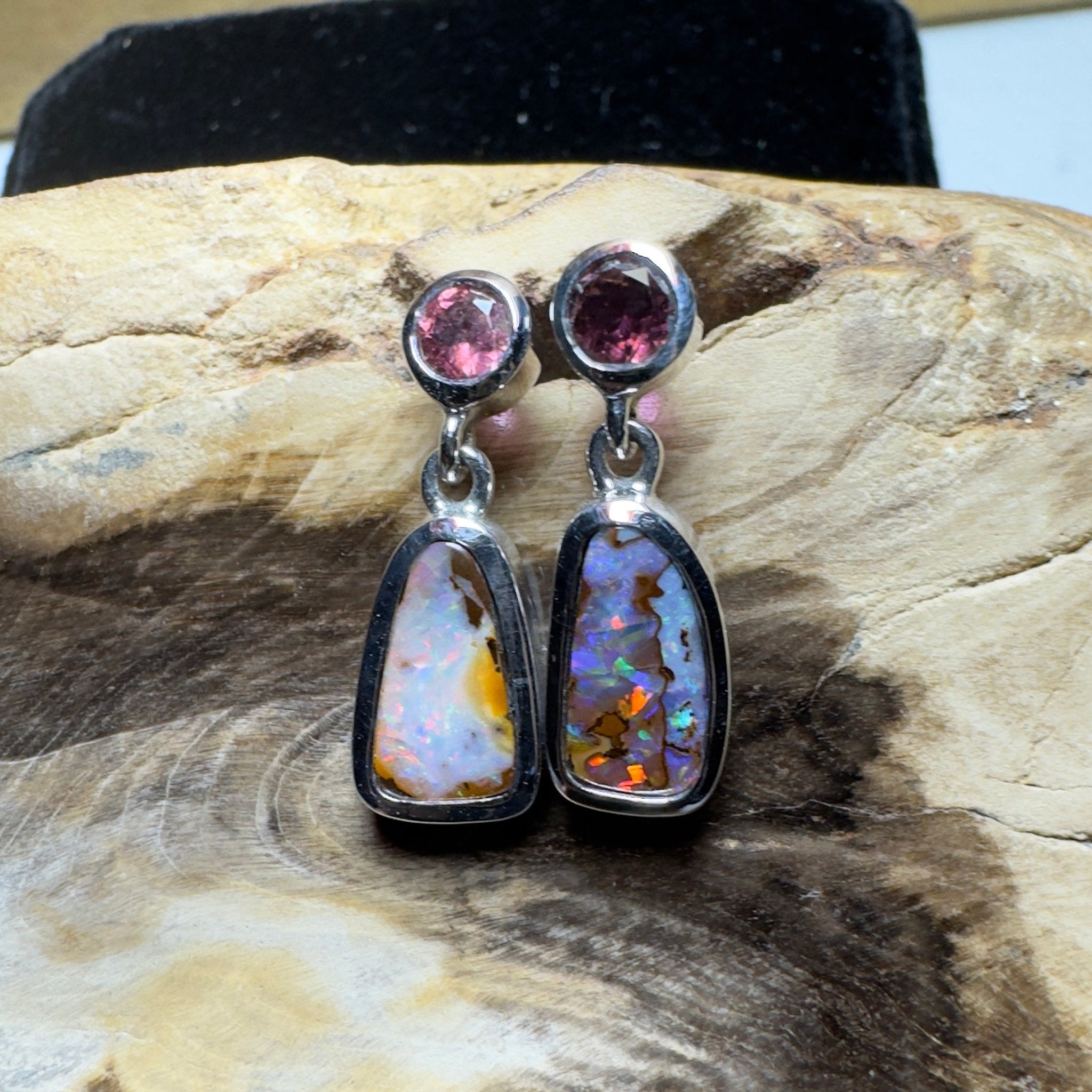 Pink Lake Pastel ~ Handcrafted 1.1ct Pink Tourmaline and 4.7ct Solid Queensland Boulder Opal 925 Silver Earrings